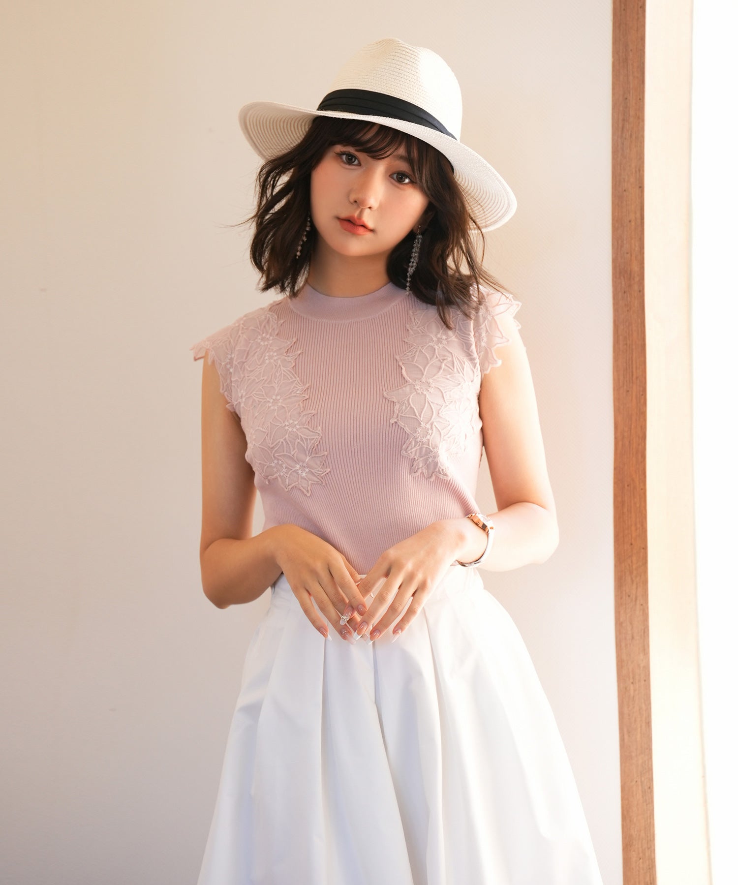 レースモチーフスリーブサマーリブニットsdpxyf6086 ピンク