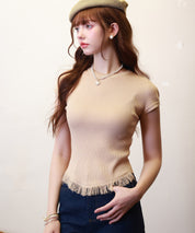 クルーネックフリンジ裾サマーニットsdpxyf6093 ベージュ