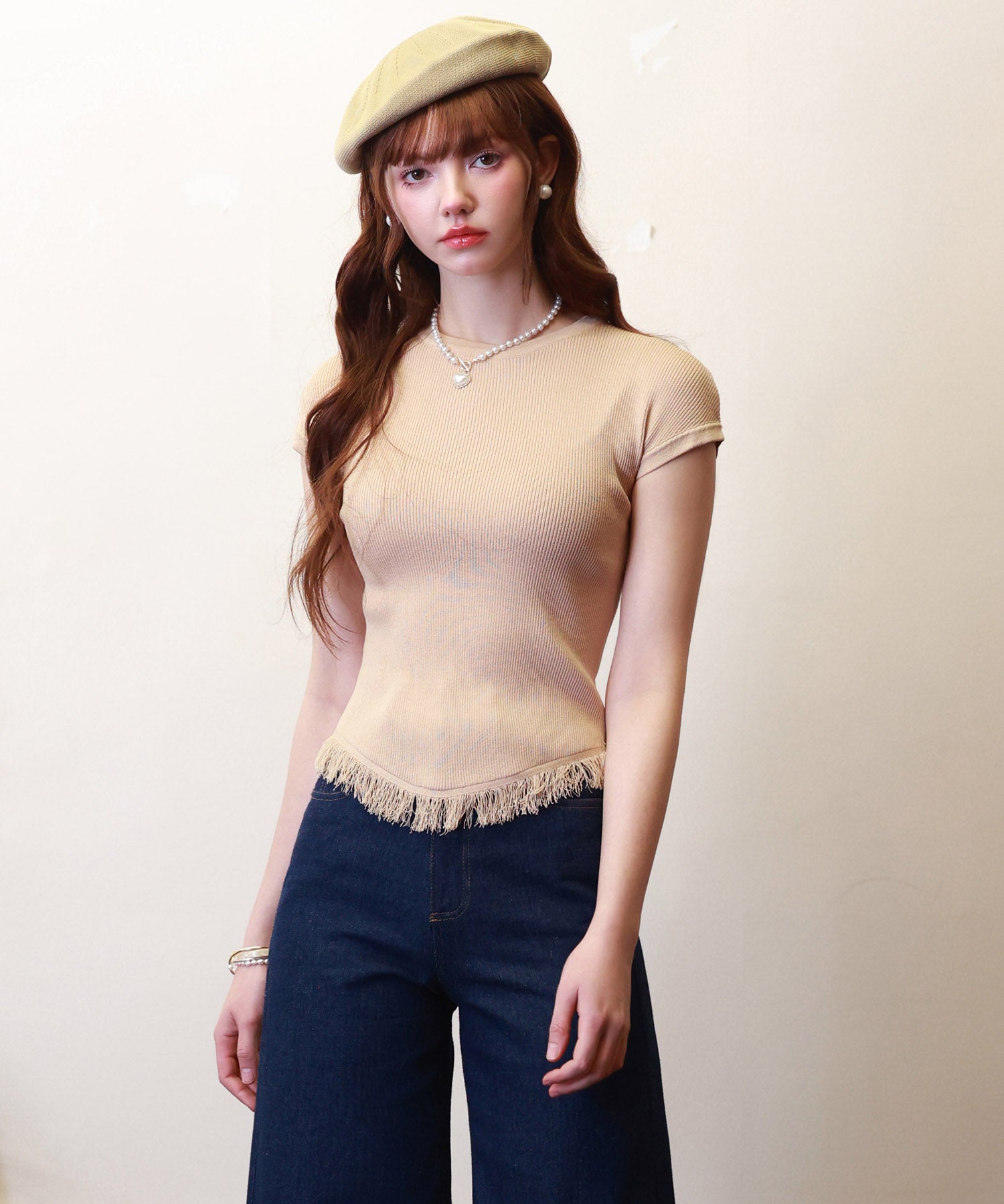 クルーネックフリンジ裾サマーニットsdpxyf6093 ベージュ