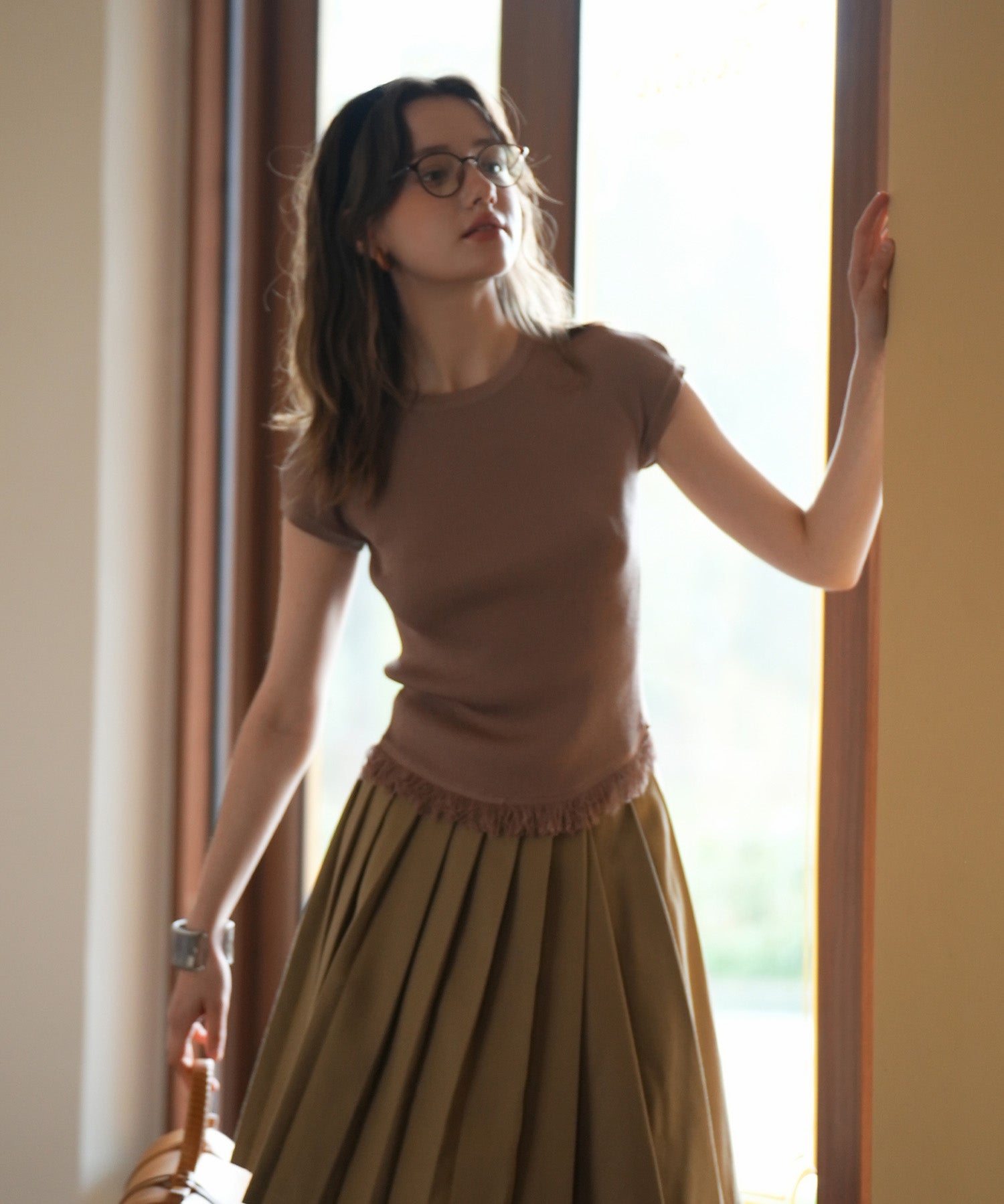 クルーネックフリンジ裾サマーニットsdpxyf6093 ブラウン