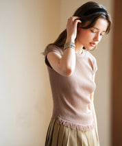 クルーネックフリンジ裾サマーニットsdpxyf6093 ブラウン