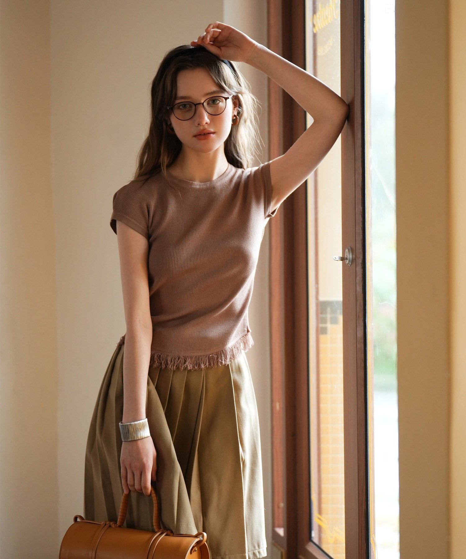 クルーネックフリンジ裾サマーニットsdpxyf6093 ブラウン