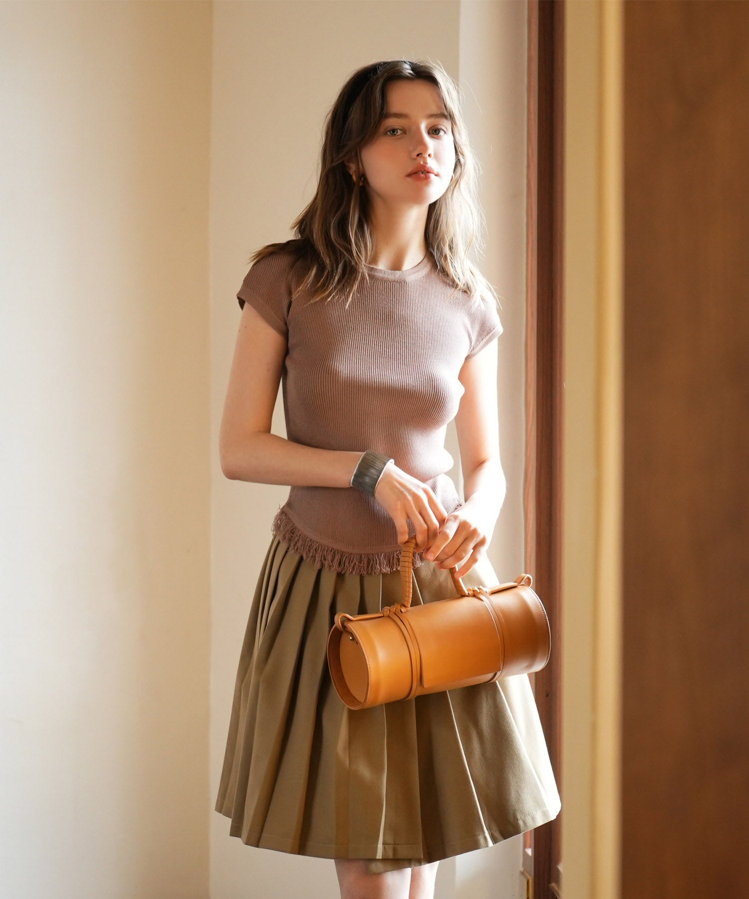 クルーネックフリンジ裾サマーニットsdpxyf6093 ブラウン