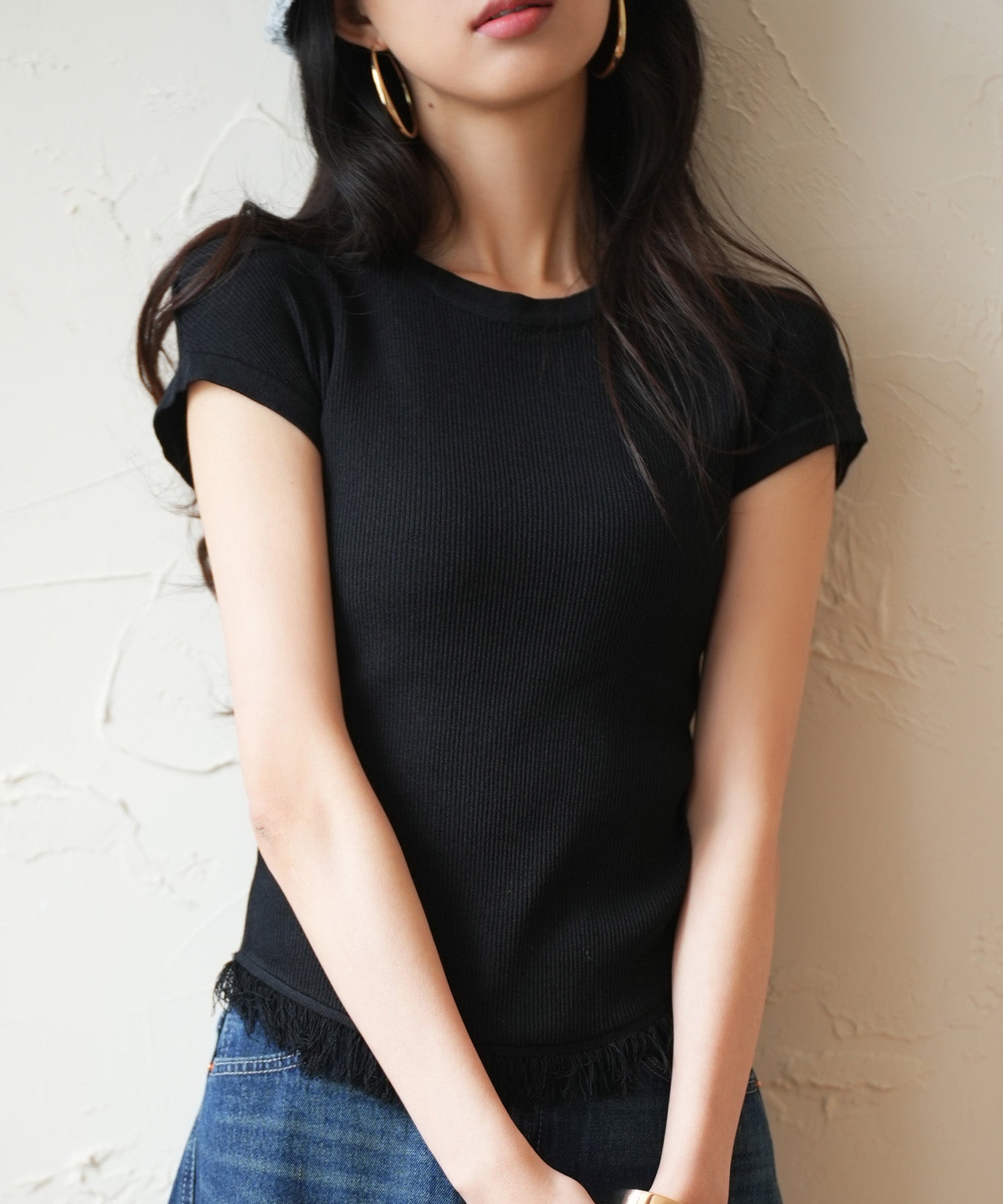 クルーネックフリンジ裾サマーニットsdpxyf6093 ブラック
