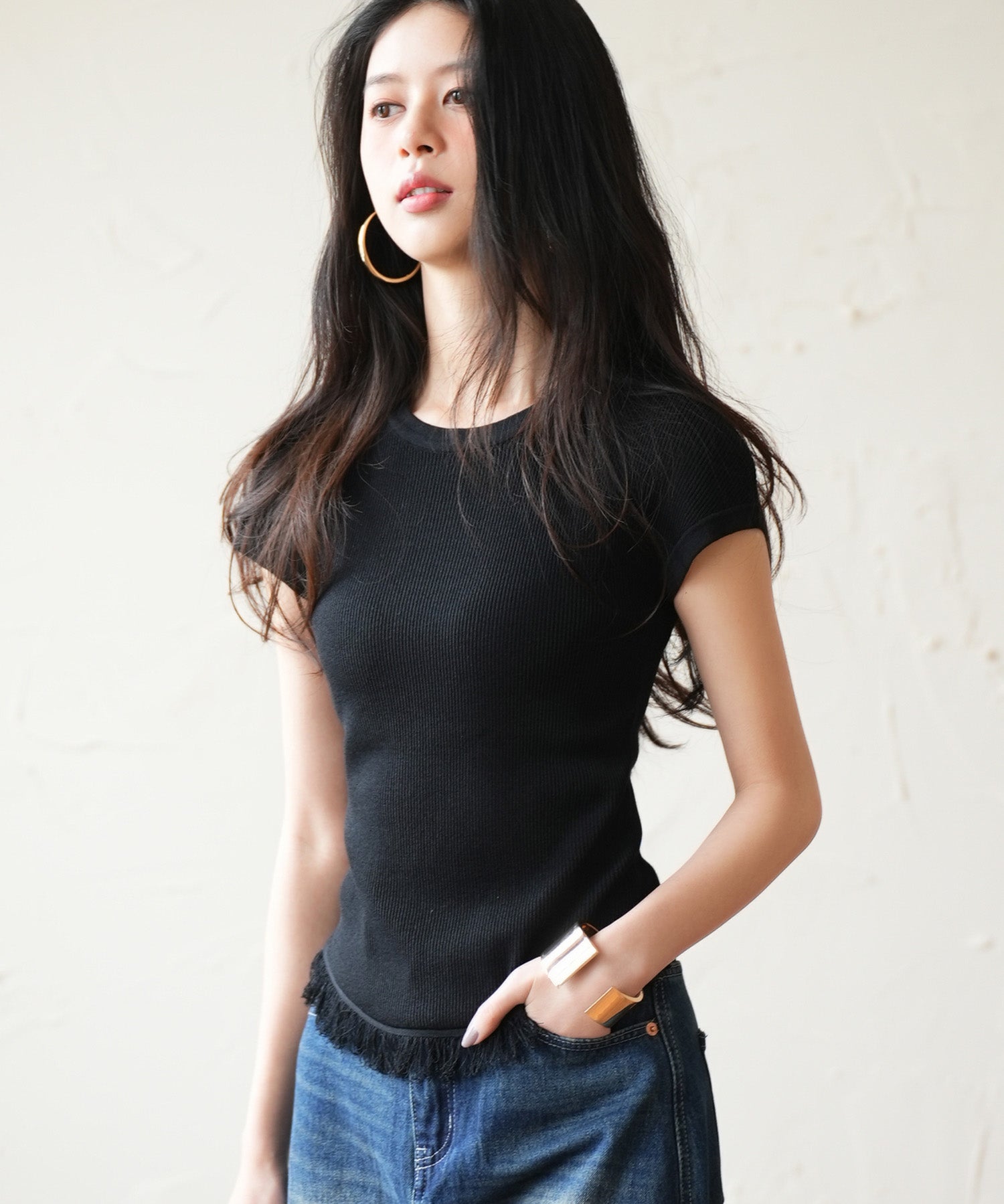 クルーネックフリンジ裾サマーニットsdpxyf6093 ブラック