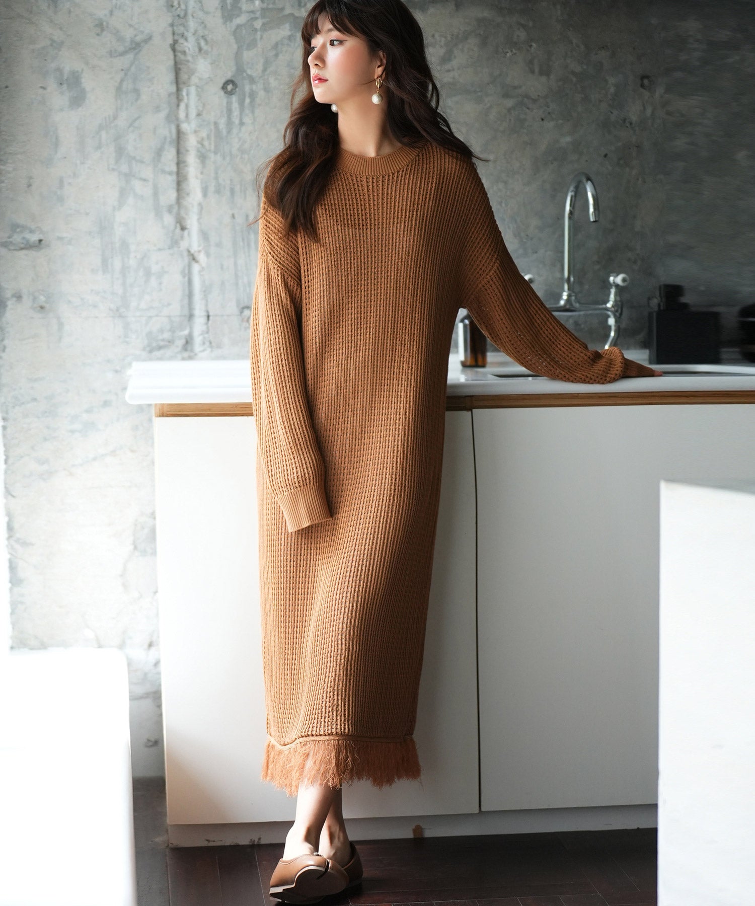 裾フリンジメッシュロング丈ニットワンピースsdpxyf6095-101-17