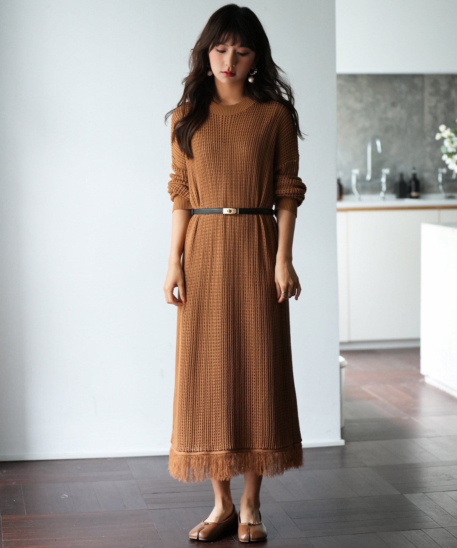 裾フリンジメッシュロング丈ニットワンピースsdpxyf6095 ブラウン