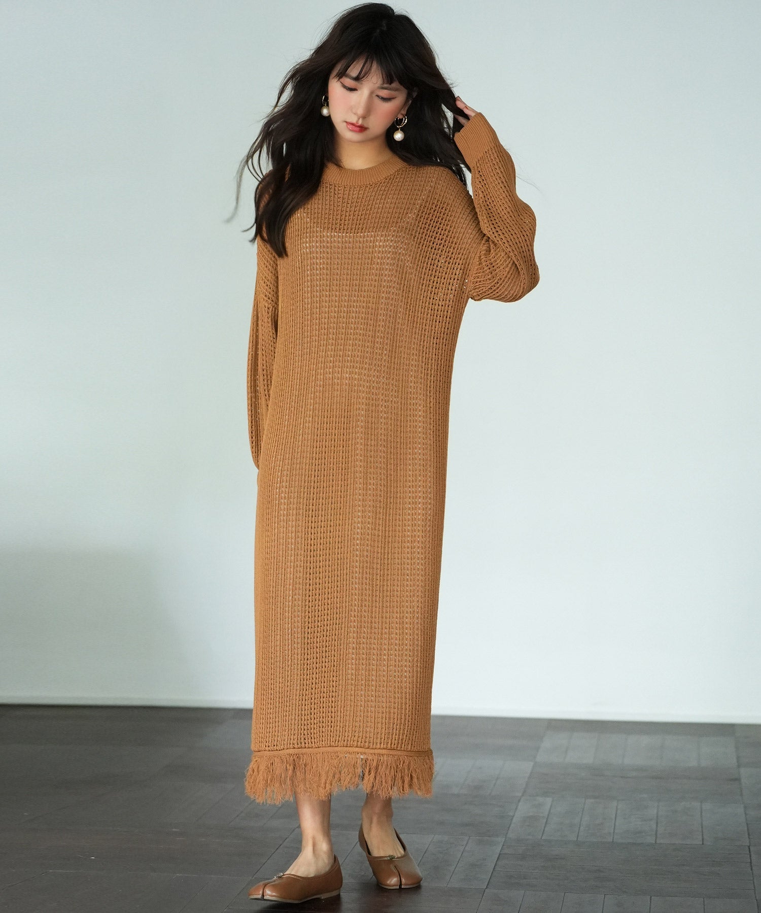 裾フリンジメッシュロング丈ニットワンピースsdpxyf6095 ブラウン