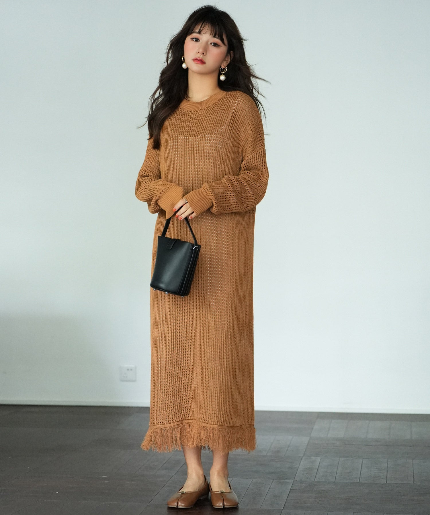 裾フリンジメッシュロング丈ニットワンピースsdpxyf6095 ブラウン