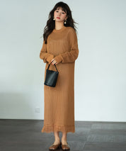 裾フリンジメッシュロング丈ニットワンピースsdpxyf6095 ブラウン