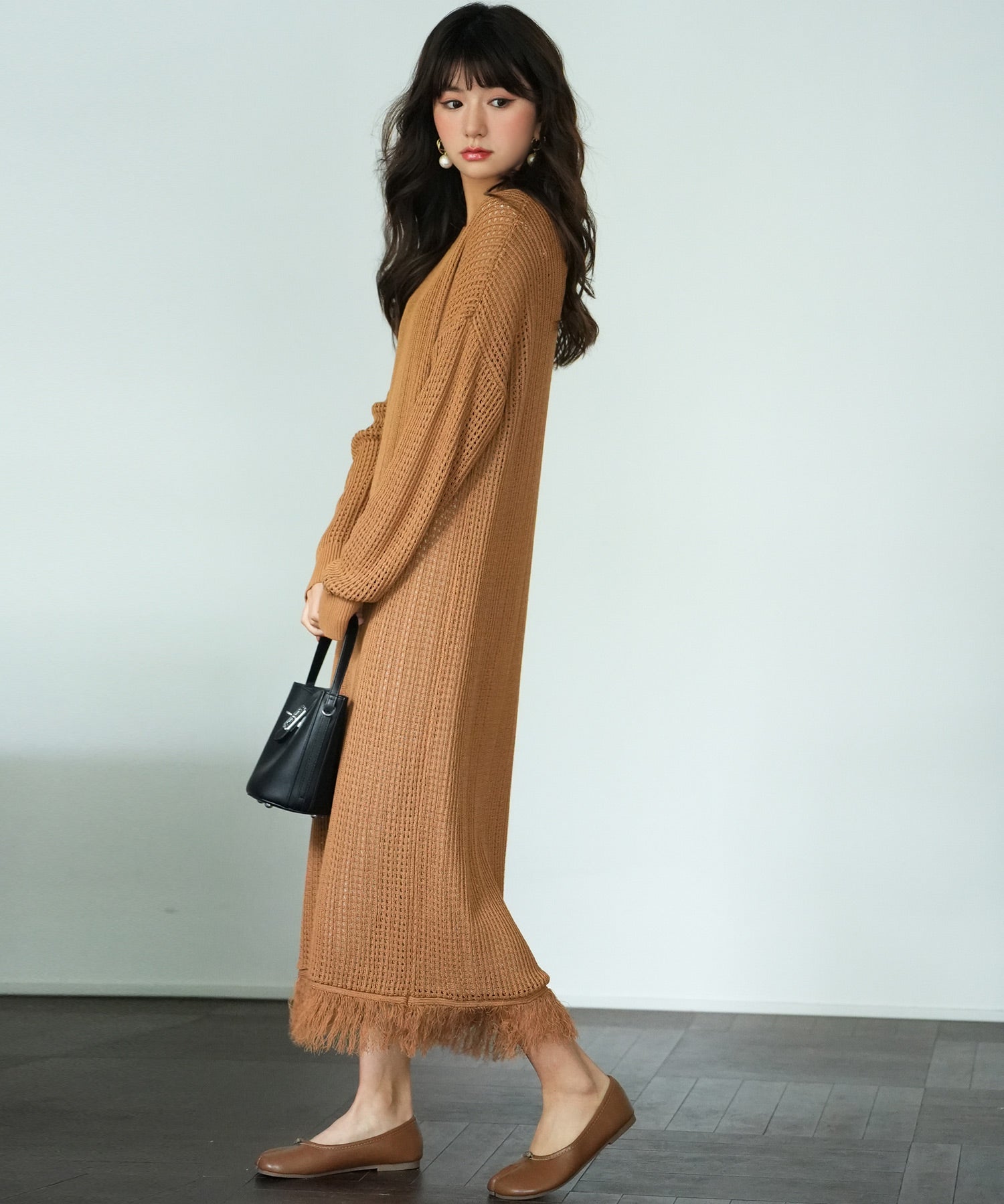 裾フリンジメッシュロング丈ニットワンピースsdpxyf6095 ブラウン