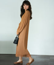 裾フリンジメッシュロング丈ニットワンピースsdpxyf6095 ブラウン