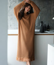 裾フリンジメッシュロング丈ニットワンピースsdpxyf6095 ブラウン