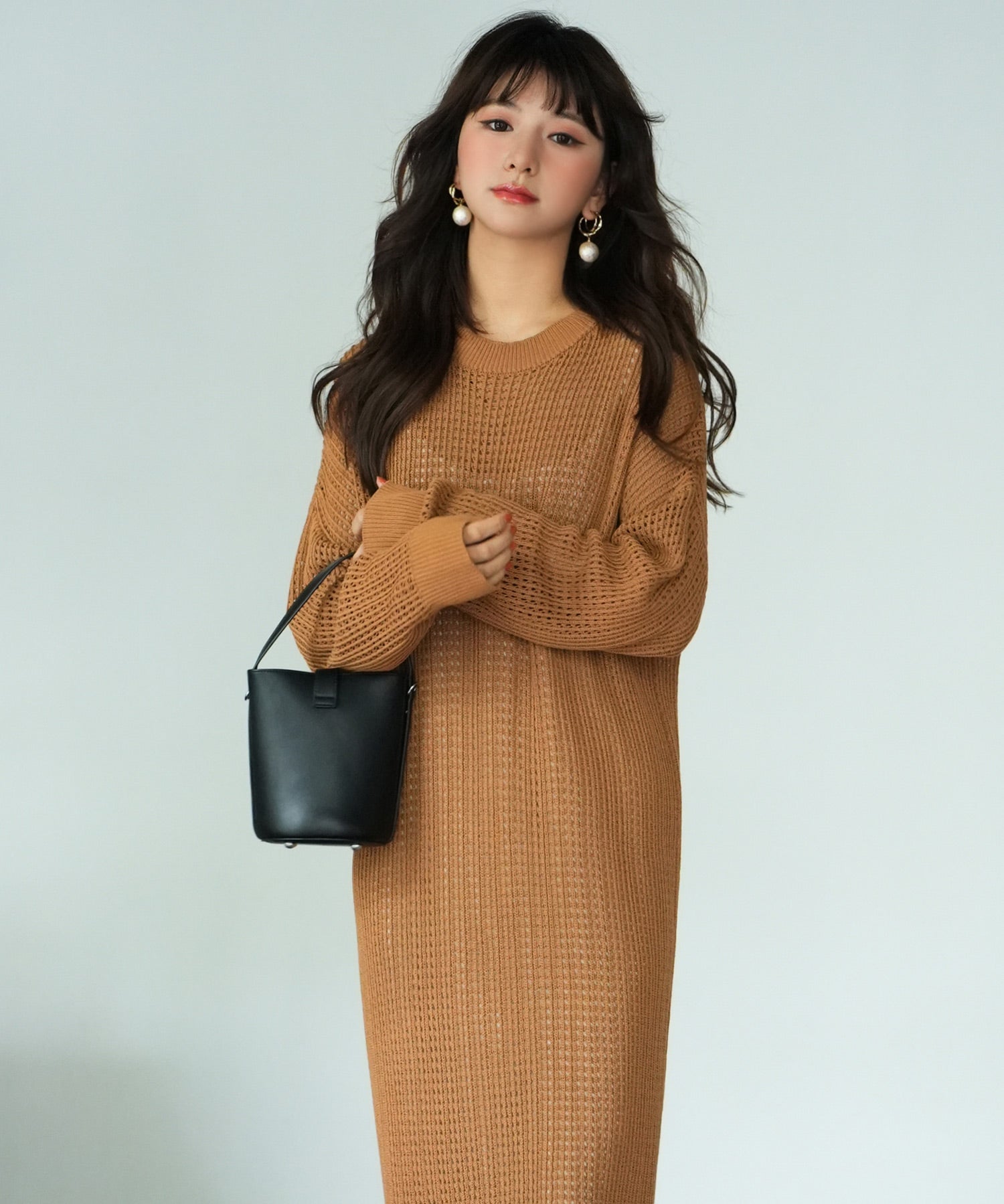 裾フリンジメッシュロング丈ニットワンピースsdpxyf6095 ブラウン