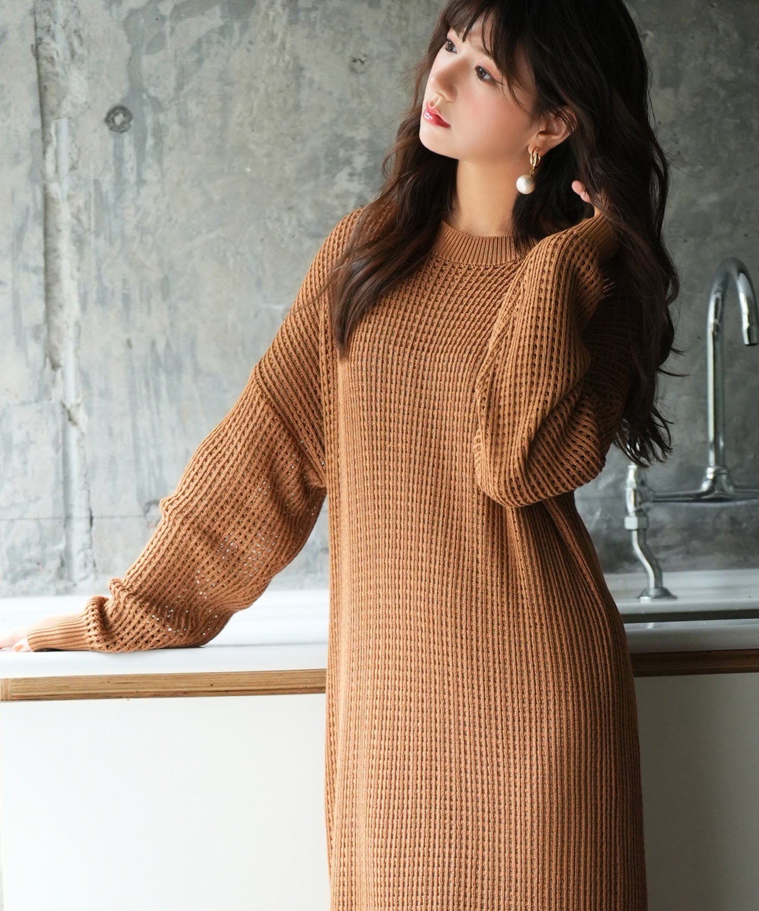 裾フリンジメッシュロング丈ニットワンピースsdpxyf6095 ブラウン