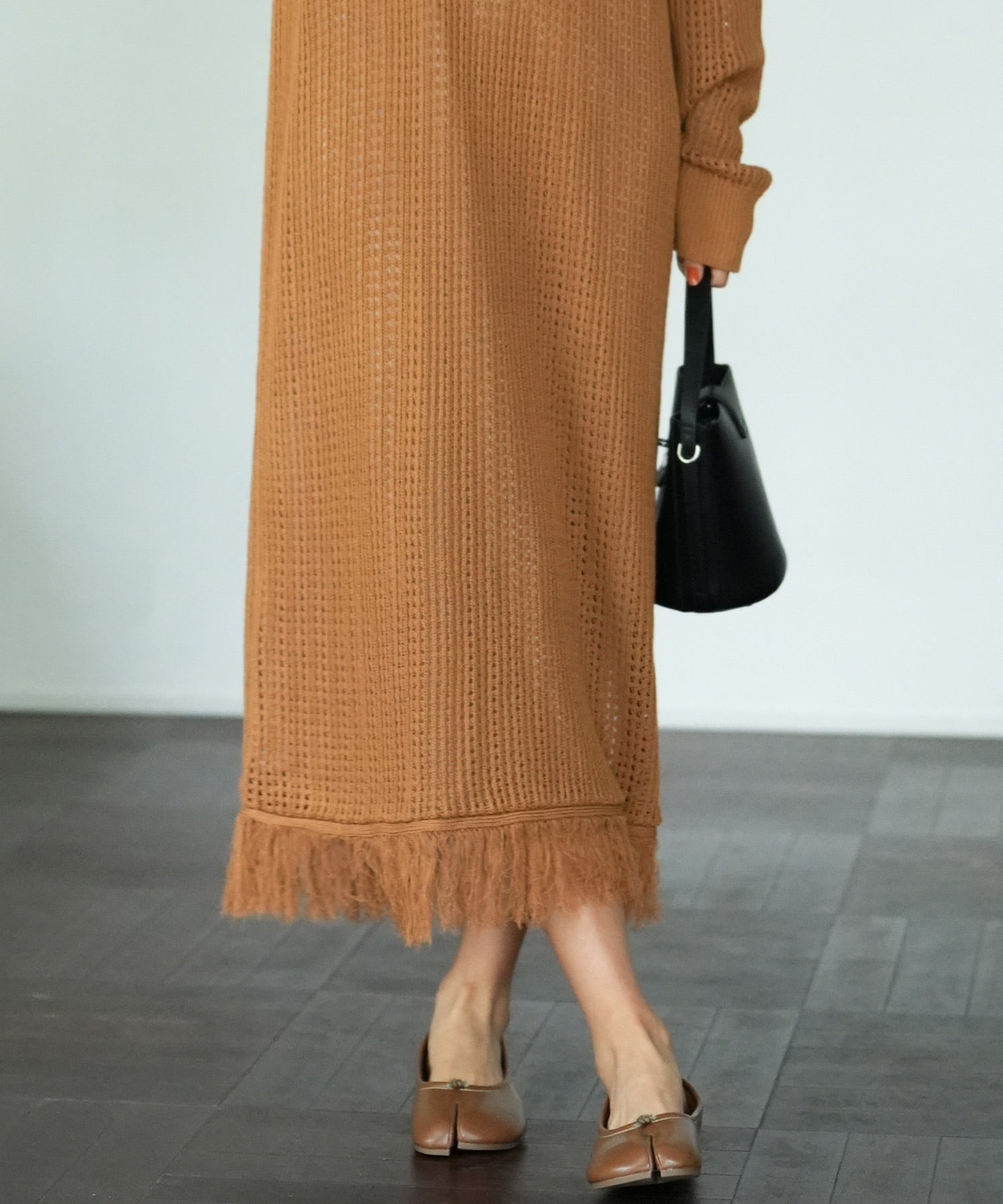 裾フリンジメッシュロング丈ニットワンピースsdpxyf6095 ブラウン