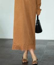 裾フリンジメッシュロング丈ニットワンピースsdpxyf6095 ブラウン