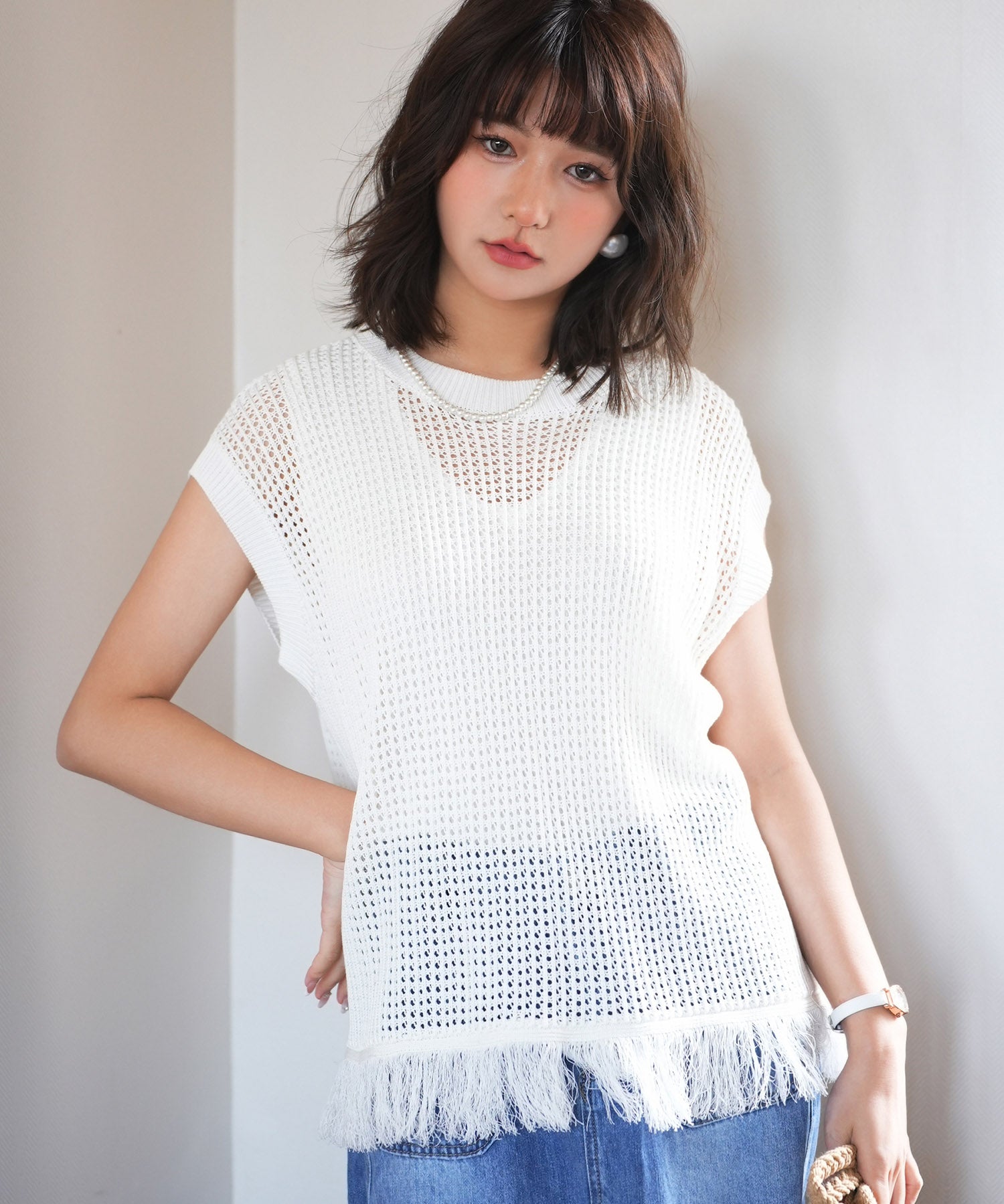 透かし編みフリンジデザインサマーニットsdpxyf6108 ホワイト