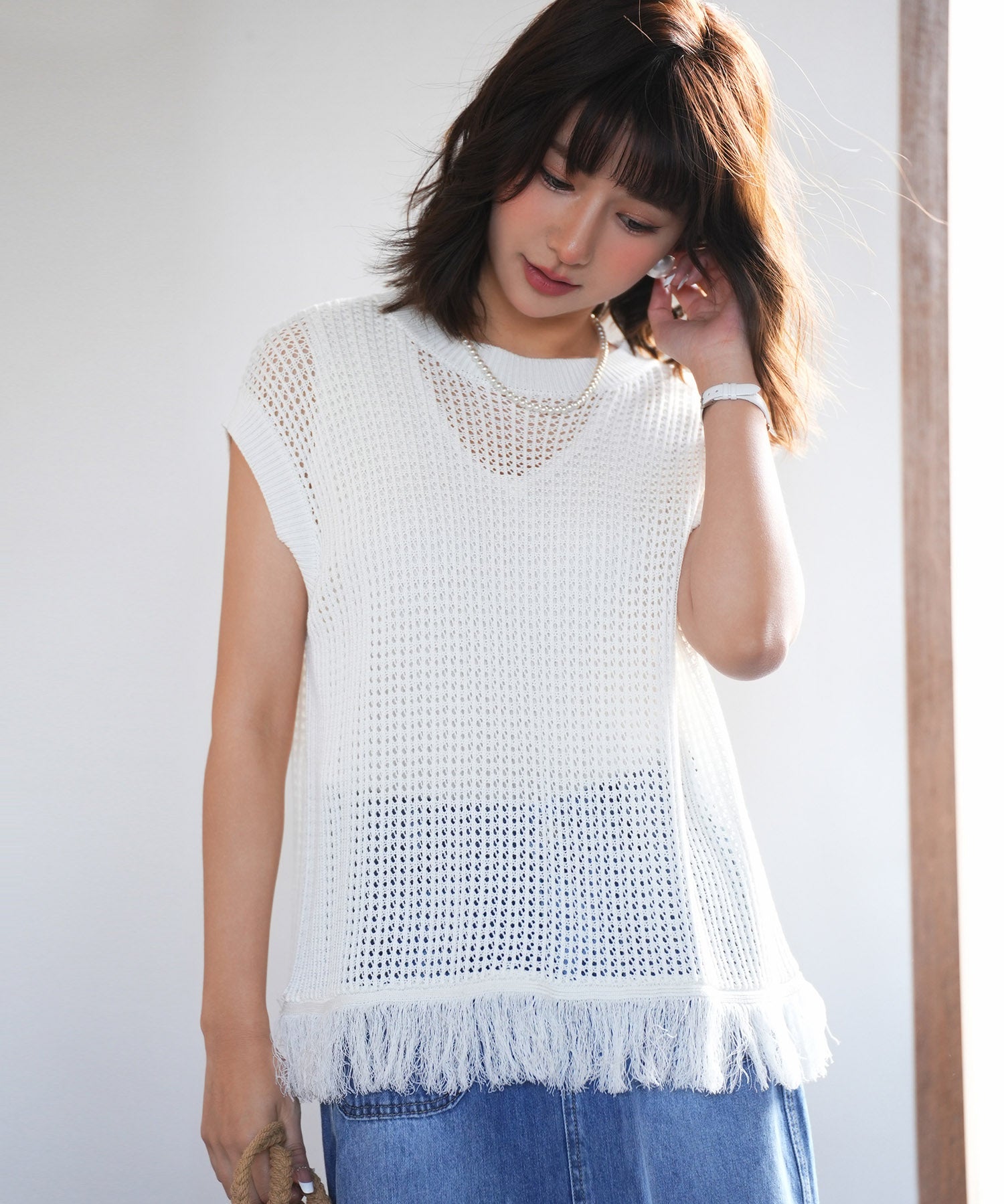 透かし編みフリンジデザインサマーニットsdpxyf6108 ホワイト
