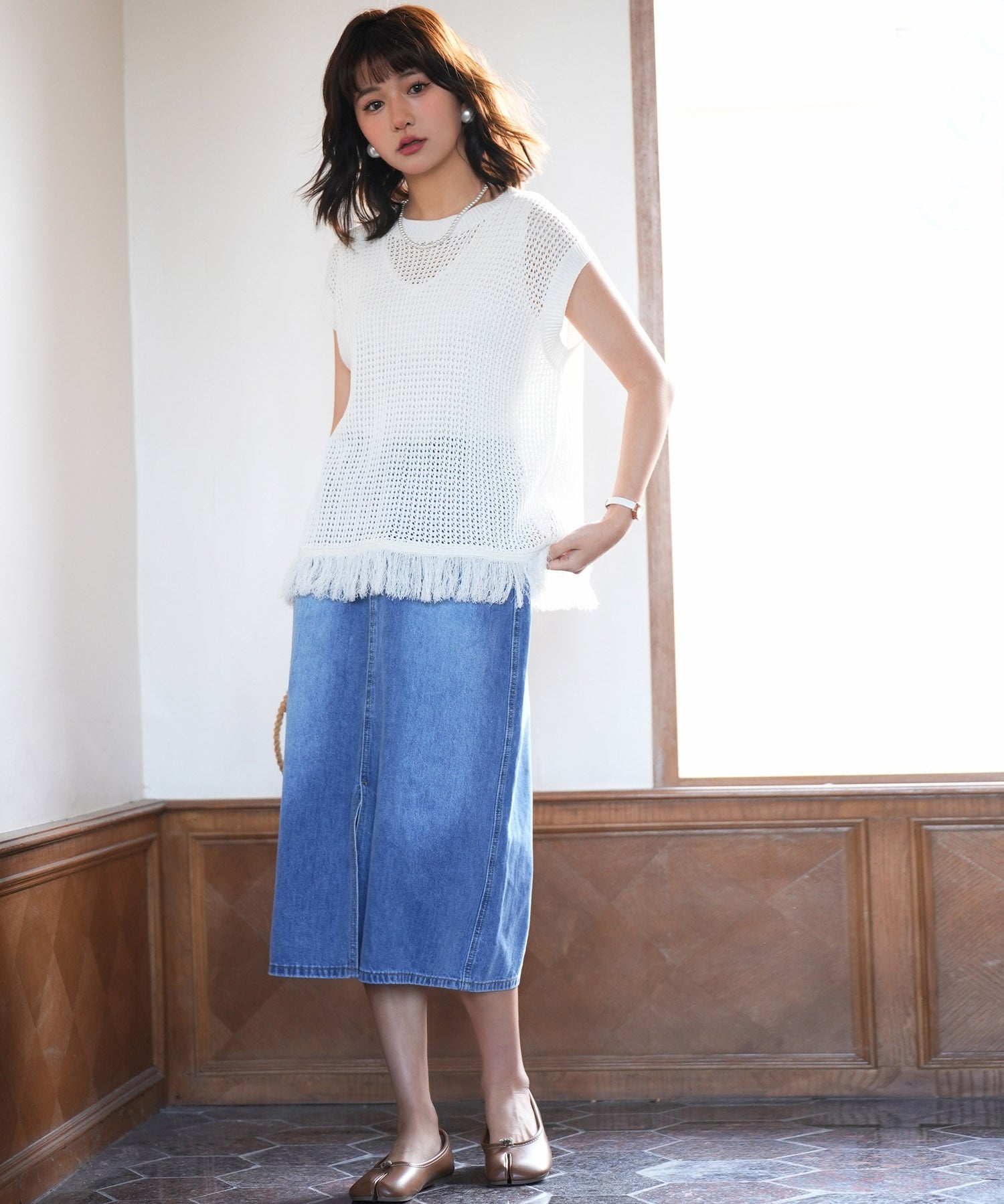 透かし編みフリンジデザインサマーニットsdpxyf6108 ホワイト