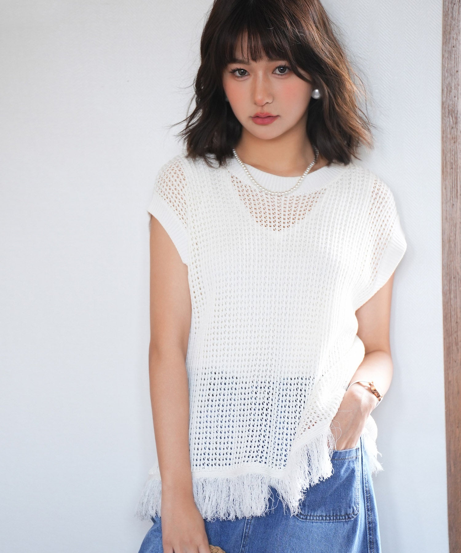 透かし編みフリンジデザインサマーニットsdpxyf6108 ホワイト