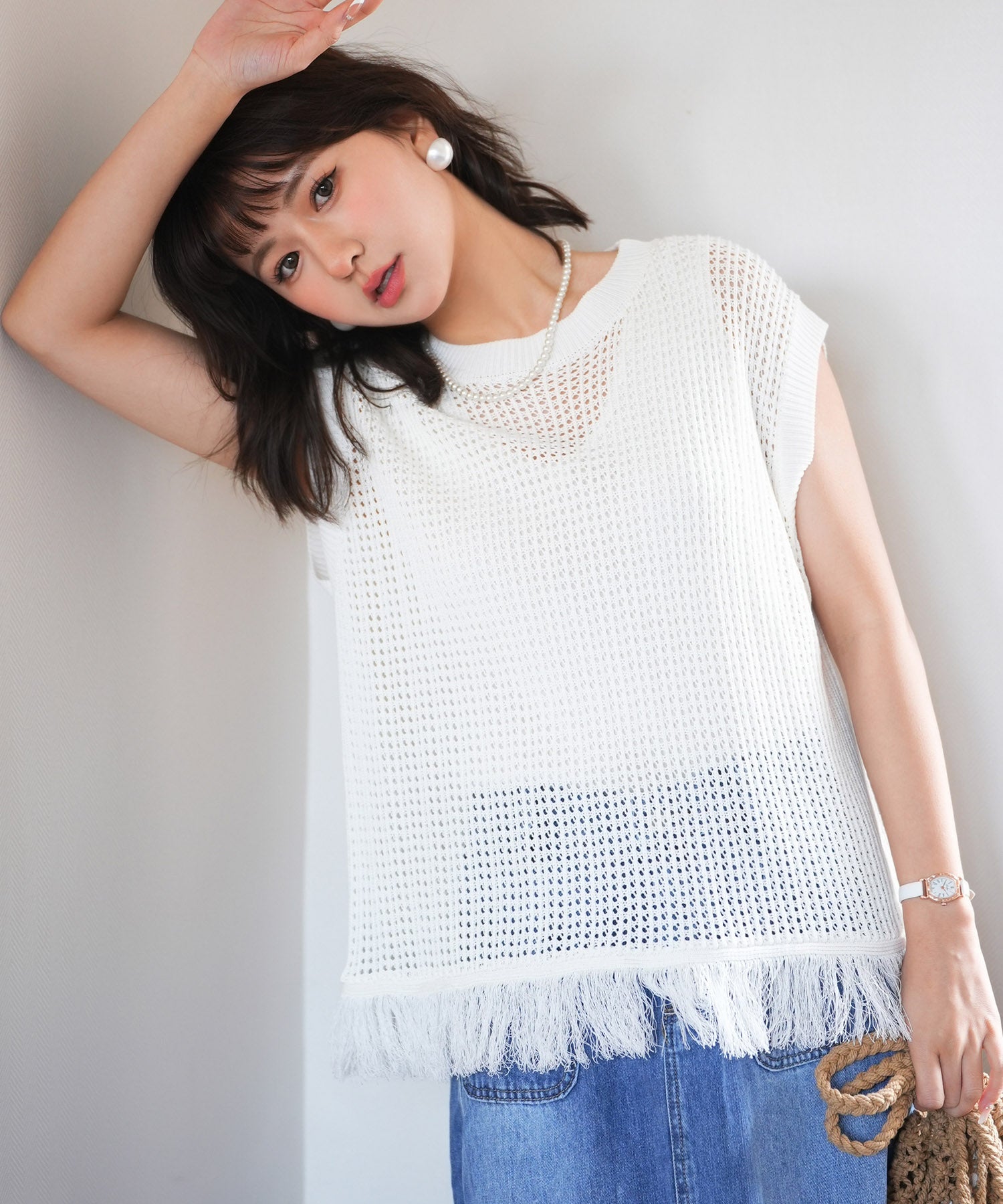 透かし編みフリンジデザインサマーニットsdpxyf6108 ホワイト