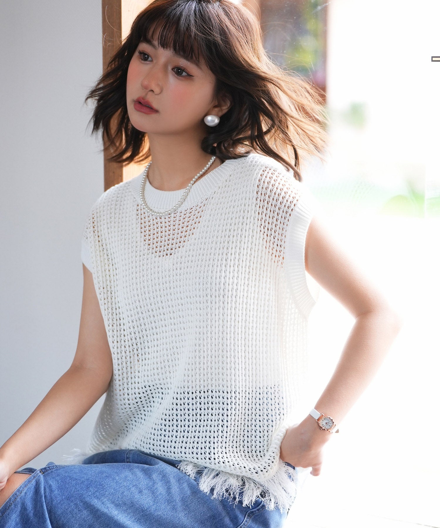 透かし編みフリンジデザインサマーニットsdpxyf6108 ホワイト