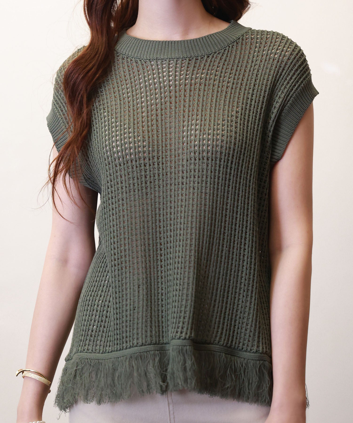 透かし編みフリンジデザインサマーニットsdpxyf6108 カーキ