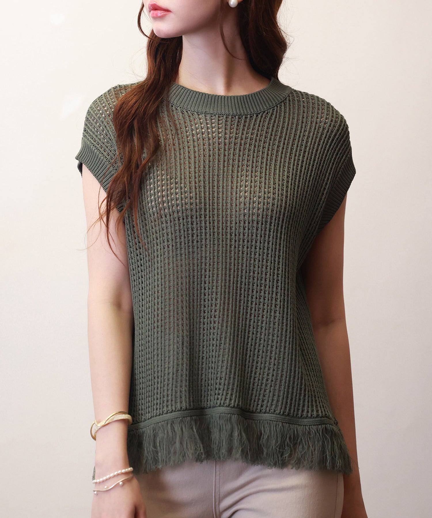 透かし編みフリンジデザインサマーニットsdpxyf6108 カーキ