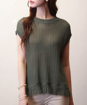 透かし編みフリンジデザインサマーニットsdpxyf6108 カーキ