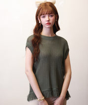 透かし編みフリンジデザインサマーニットsdpxyf6108 カーキ