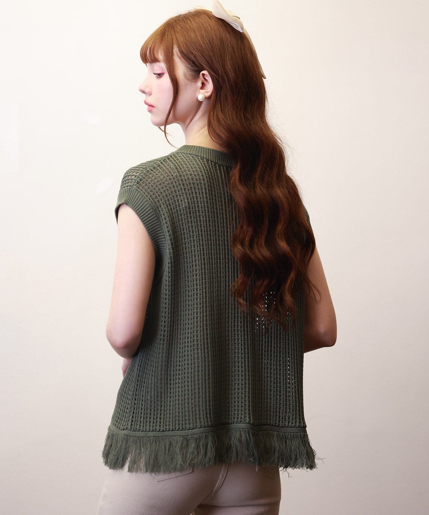 透かし編みフリンジデザインサマーニットsdpxyf6108 カーキ