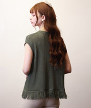 透かし編みフリンジデザインサマーニットsdpxyf6108 カーキ