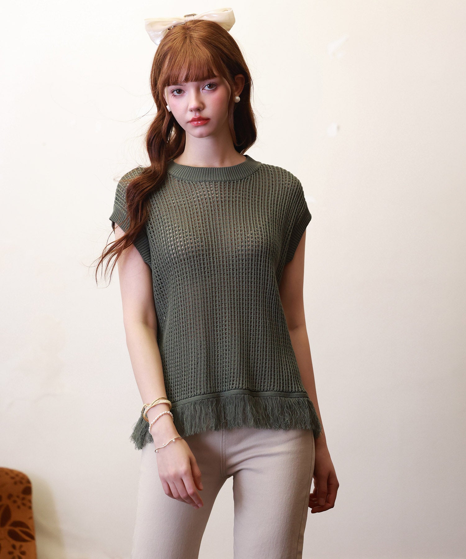 透かし編みフリンジデザインサマーニットsdpxyf6108 カーキ