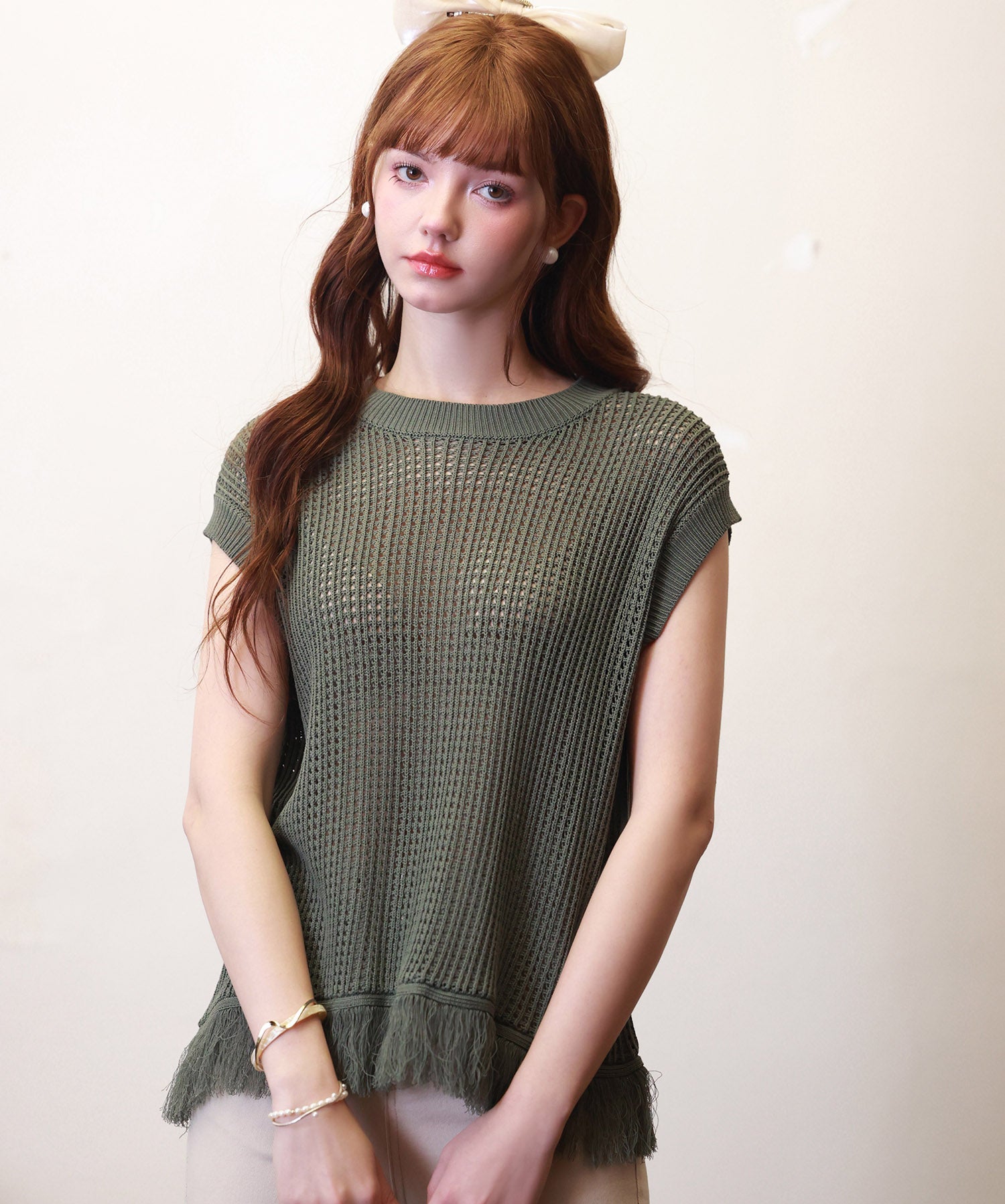 透かし編みフリンジデザインサマーニットsdpxyf6108 カーキ