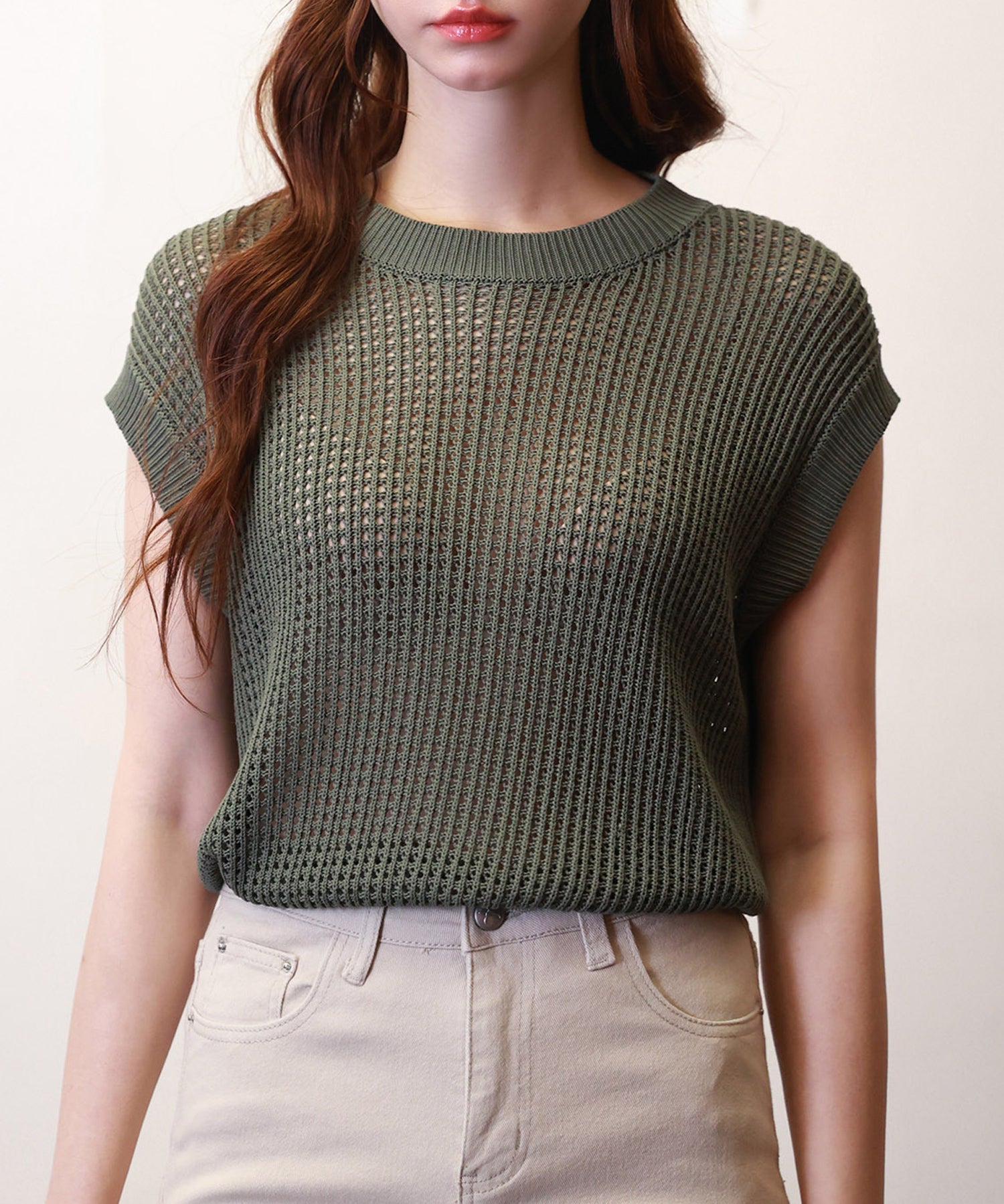 透かし編みフリンジデザインサマーニットsdpxyf6108 カーキ