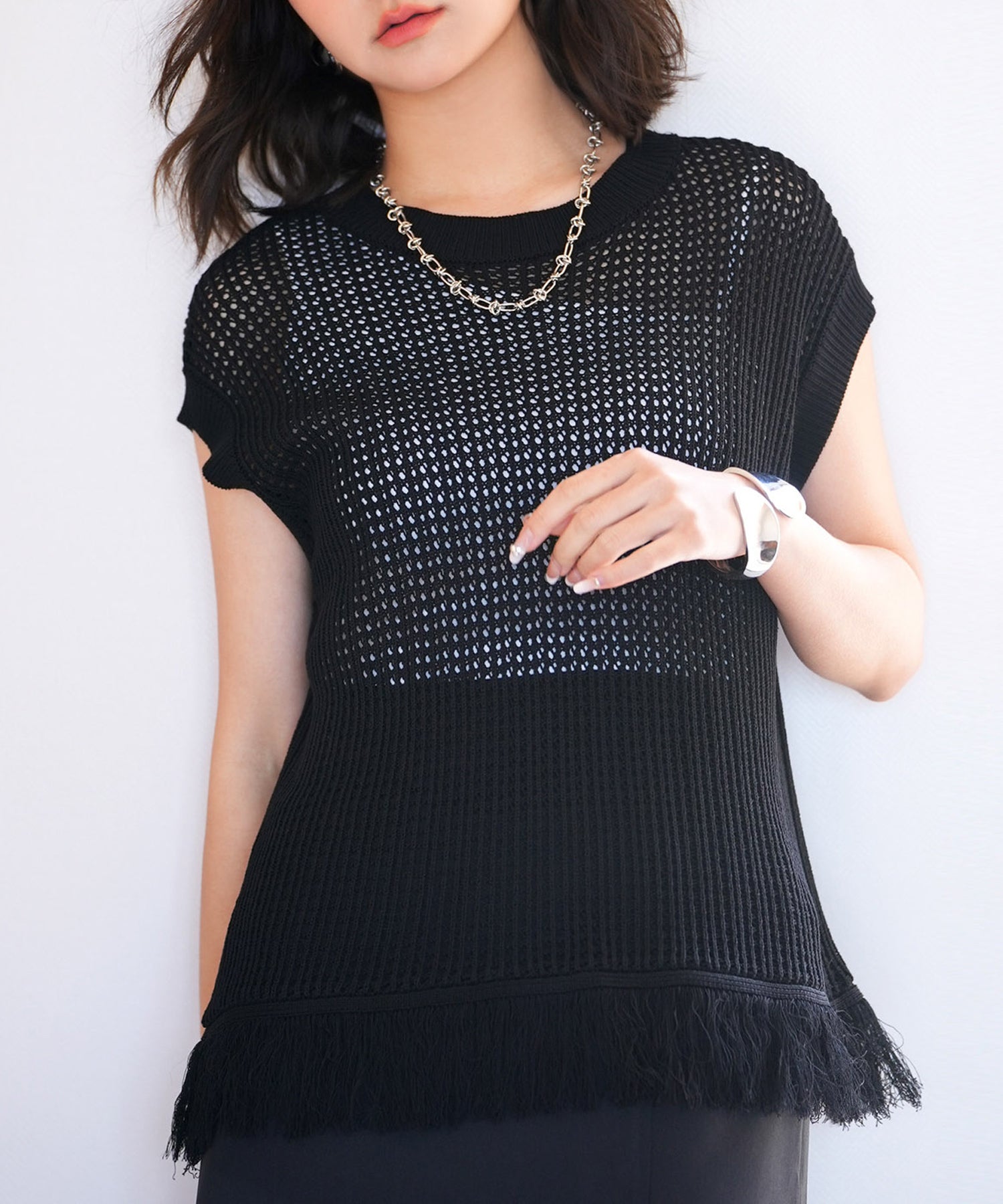 透かし編みフリンジデザインサマーニットsdpxyf6108-101-8