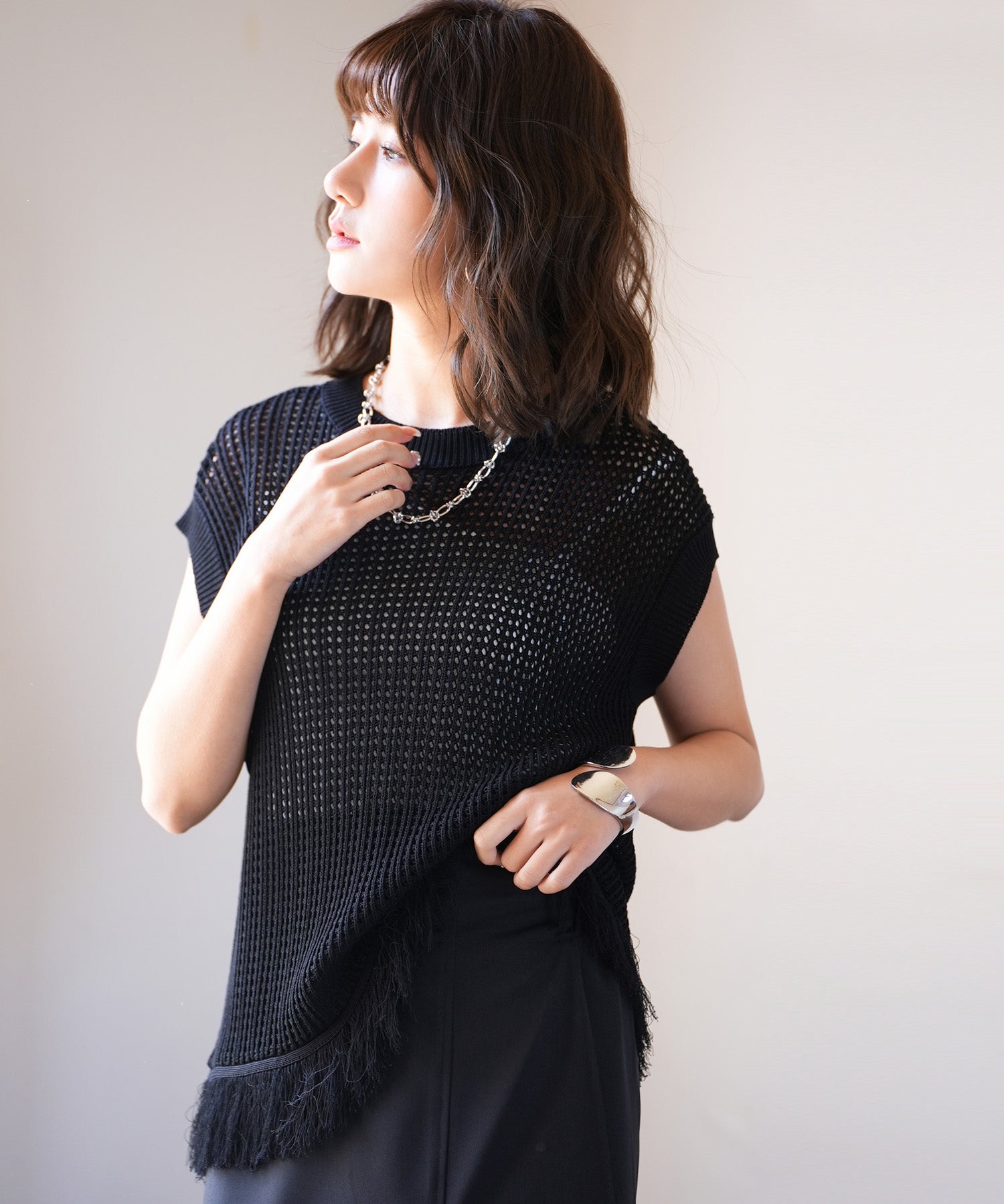 透かし編みフリンジデザインサマーニットsdpxyf6108 ブラック