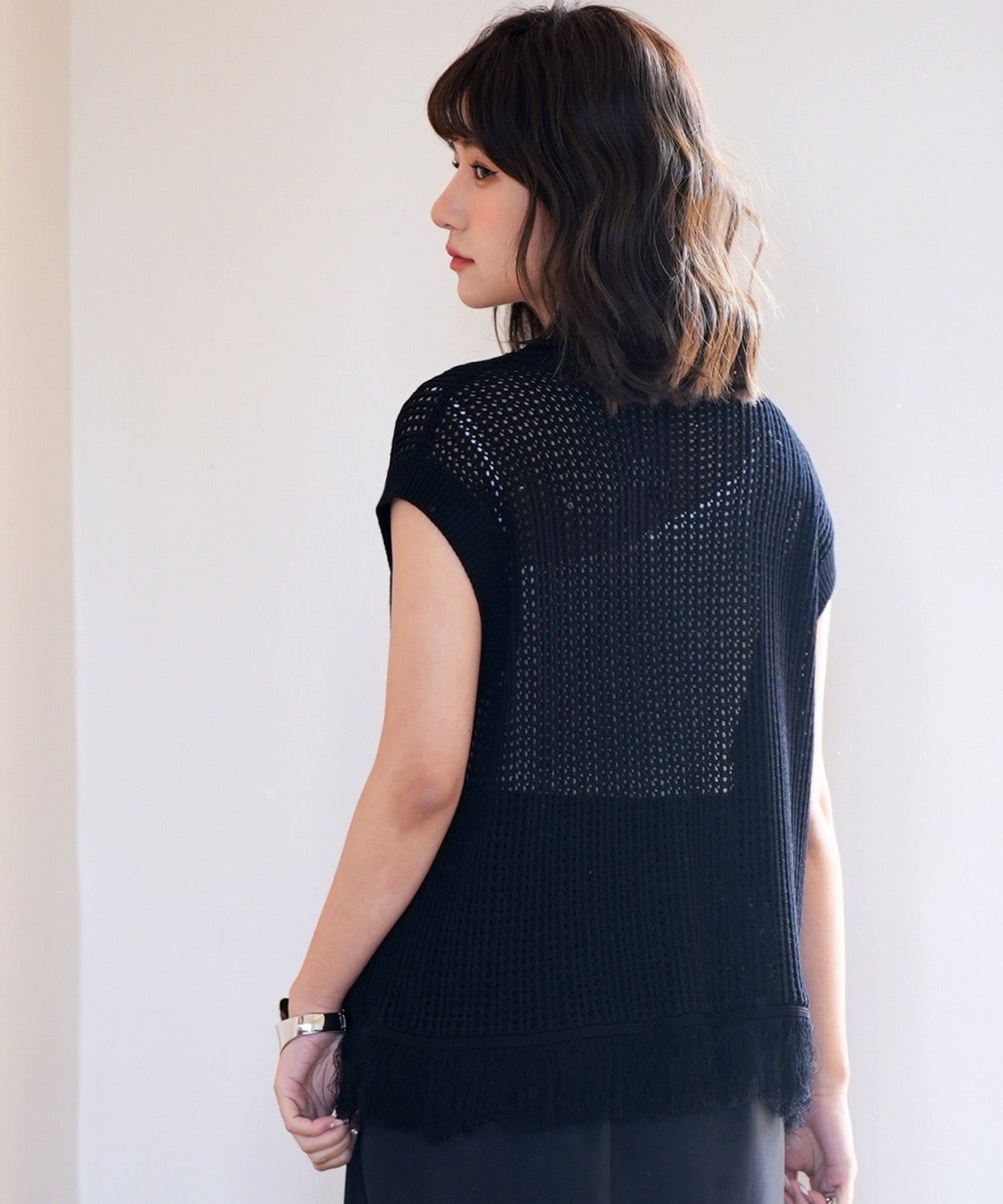 透かし編みフリンジデザインサマーニットsdpxyf6108 ブラック