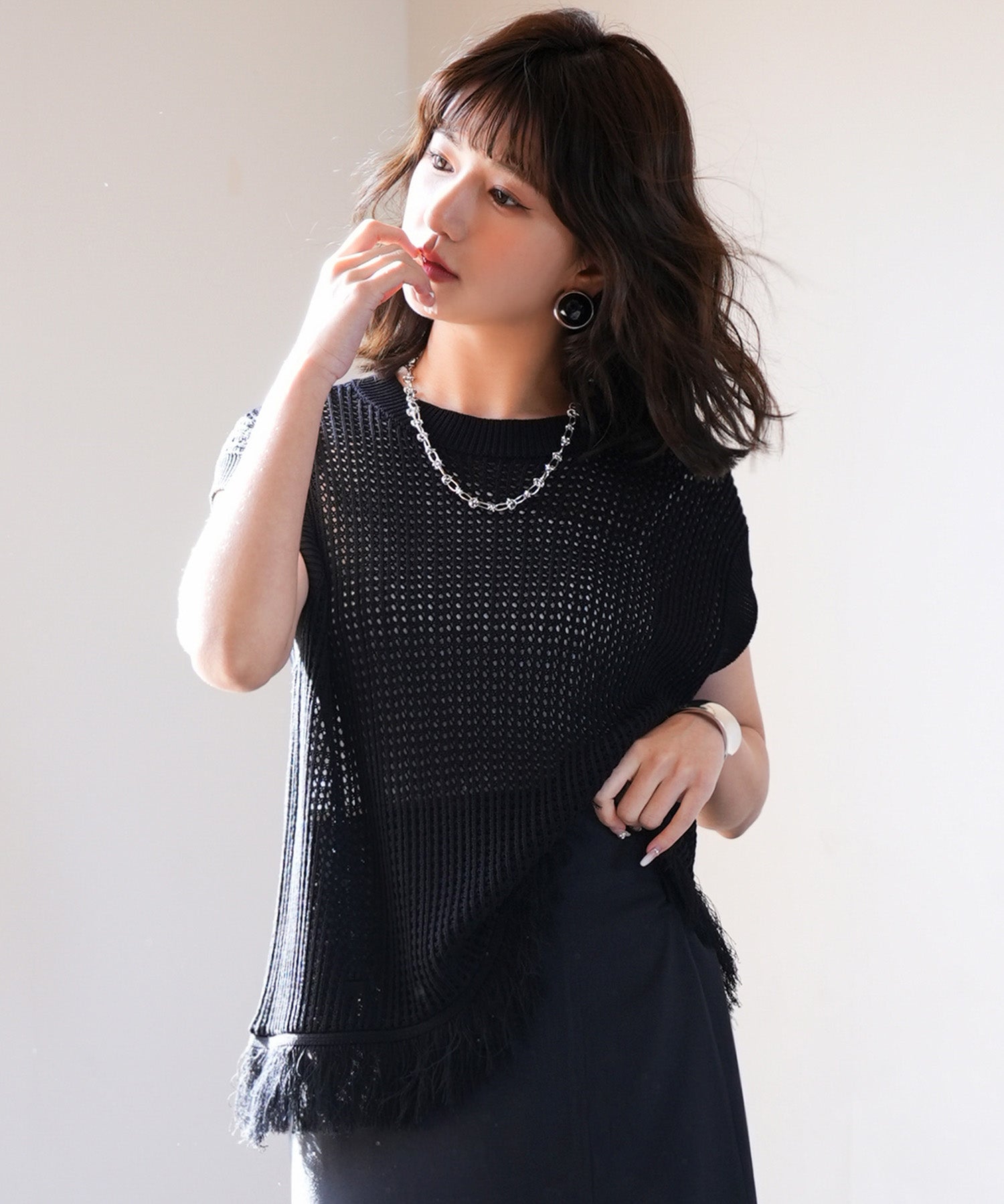 透かし編みフリンジデザインサマーニットsdpxyf6108 ブラック