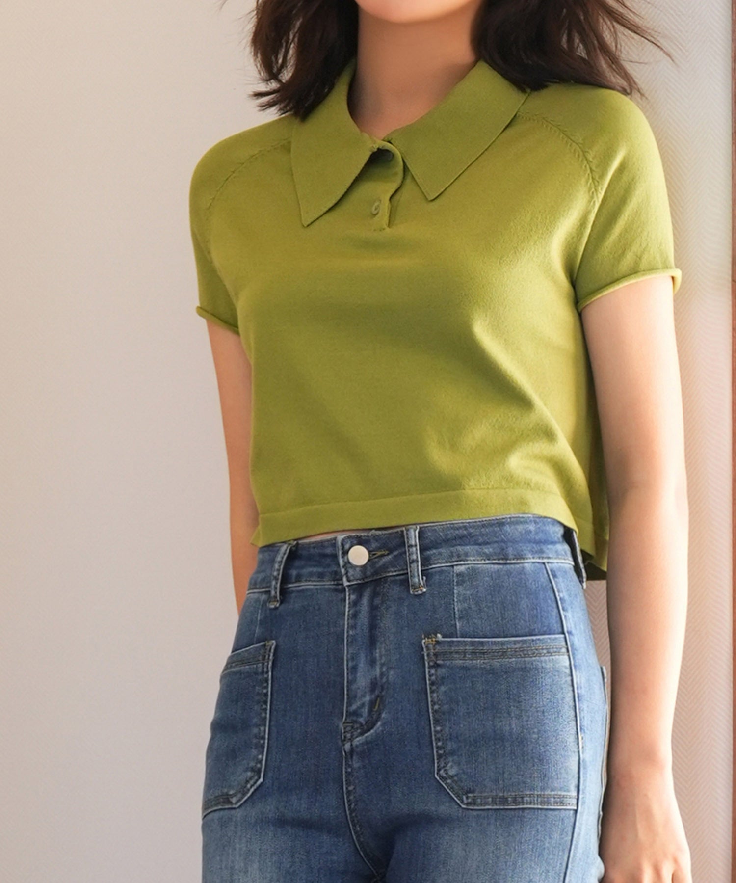 ラグランスリーブポロネックサマーニットsdpxyf6115 グリーン