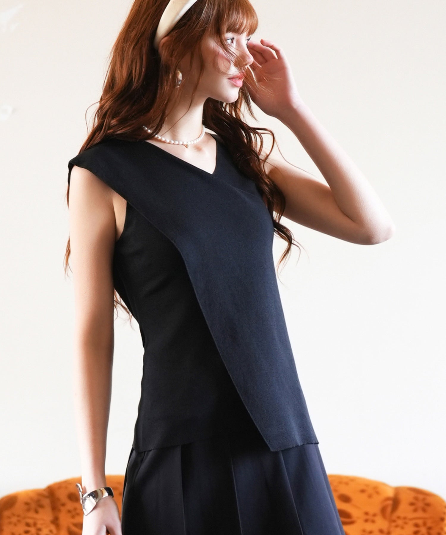 アシメトリーノースリーブサマーニットsdpxyf6119 ブラック