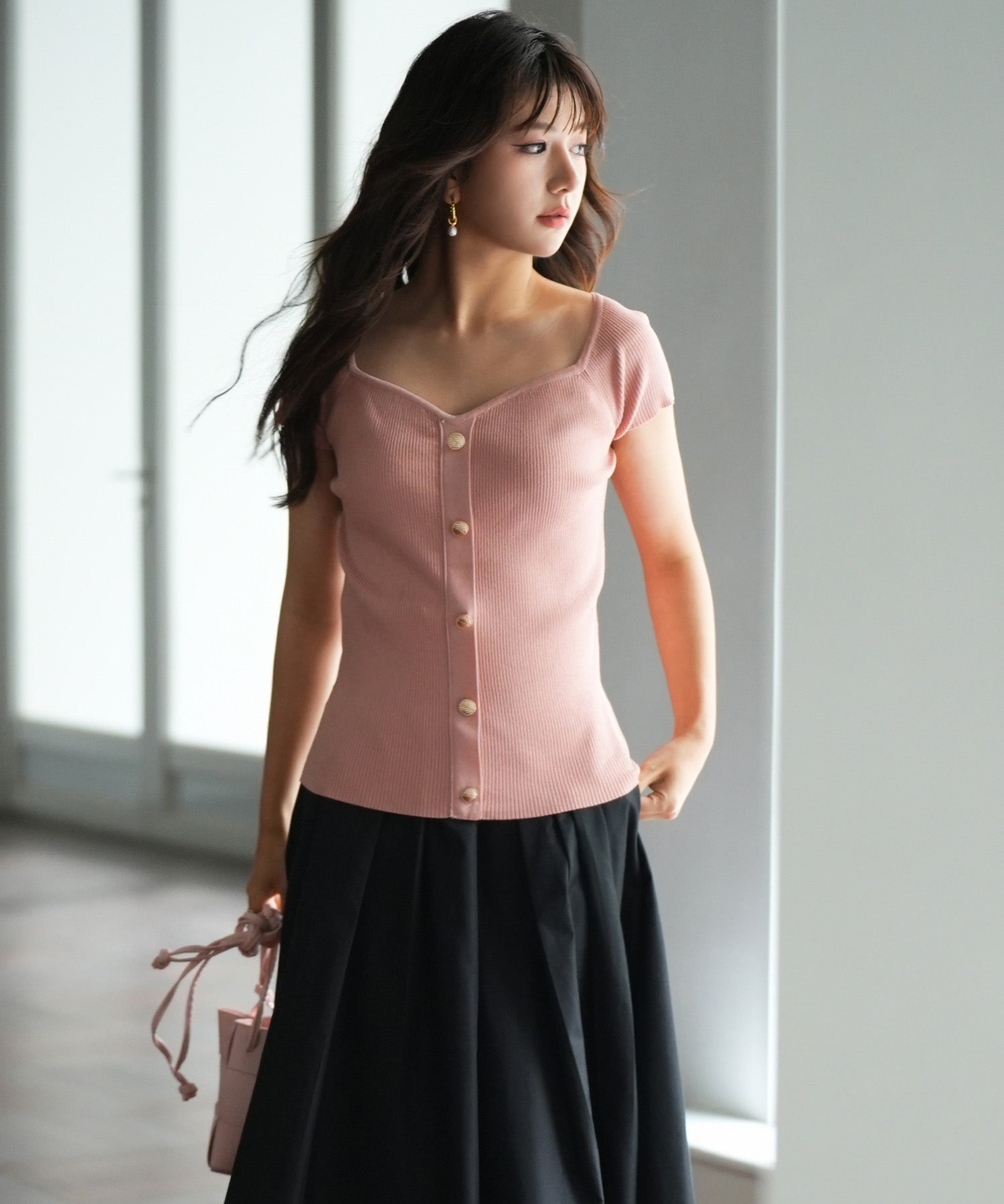 ダイヤモンドネックリブ編みサマーニットsdpxyf6127 ピンク