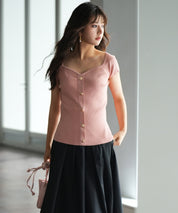 ダイヤモンドネックリブ編みサマーニットsdpxyf6127 ピンク