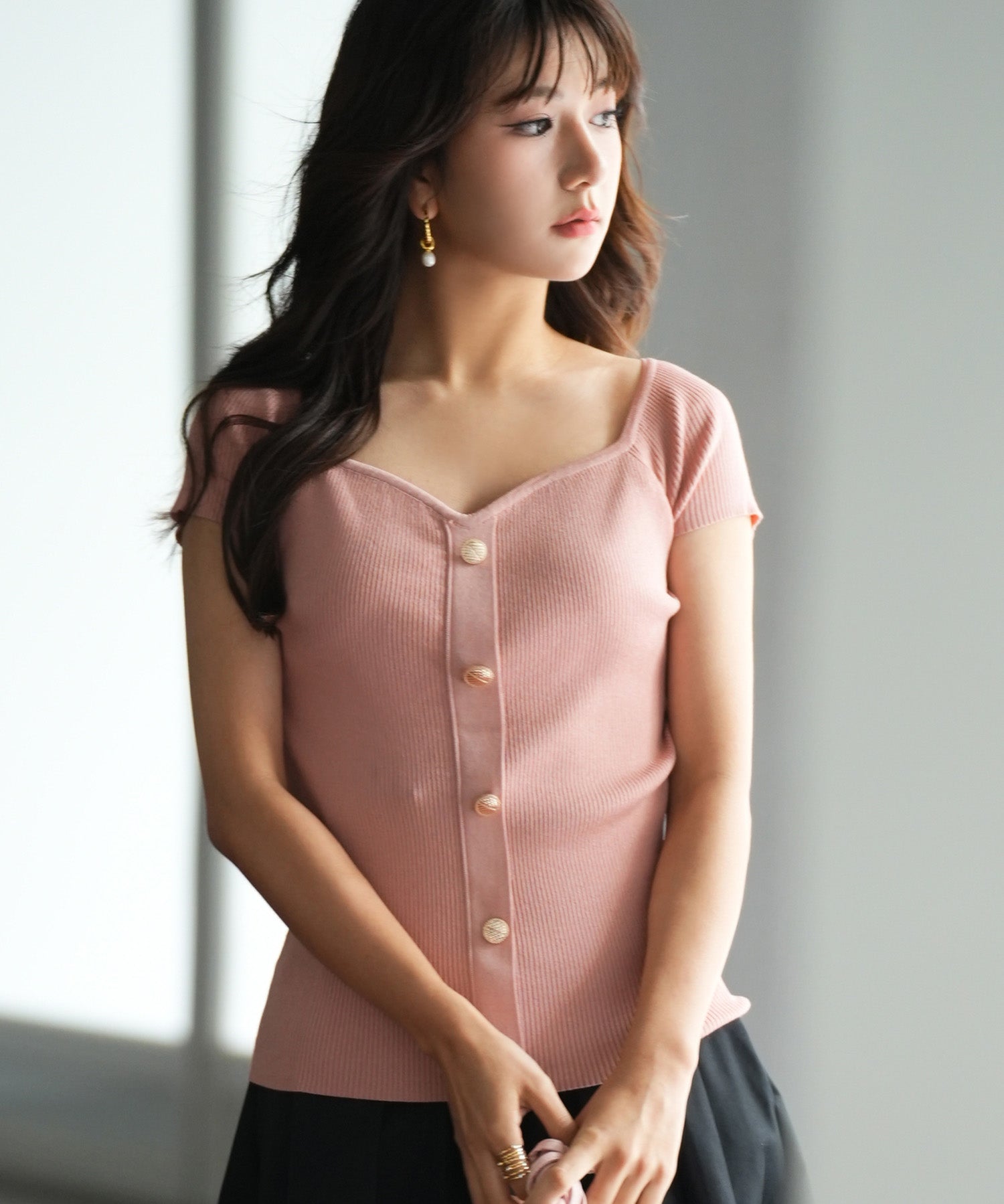 ダイヤモンドネックリブ編みサマーニットsdpxyf6127 ピンク