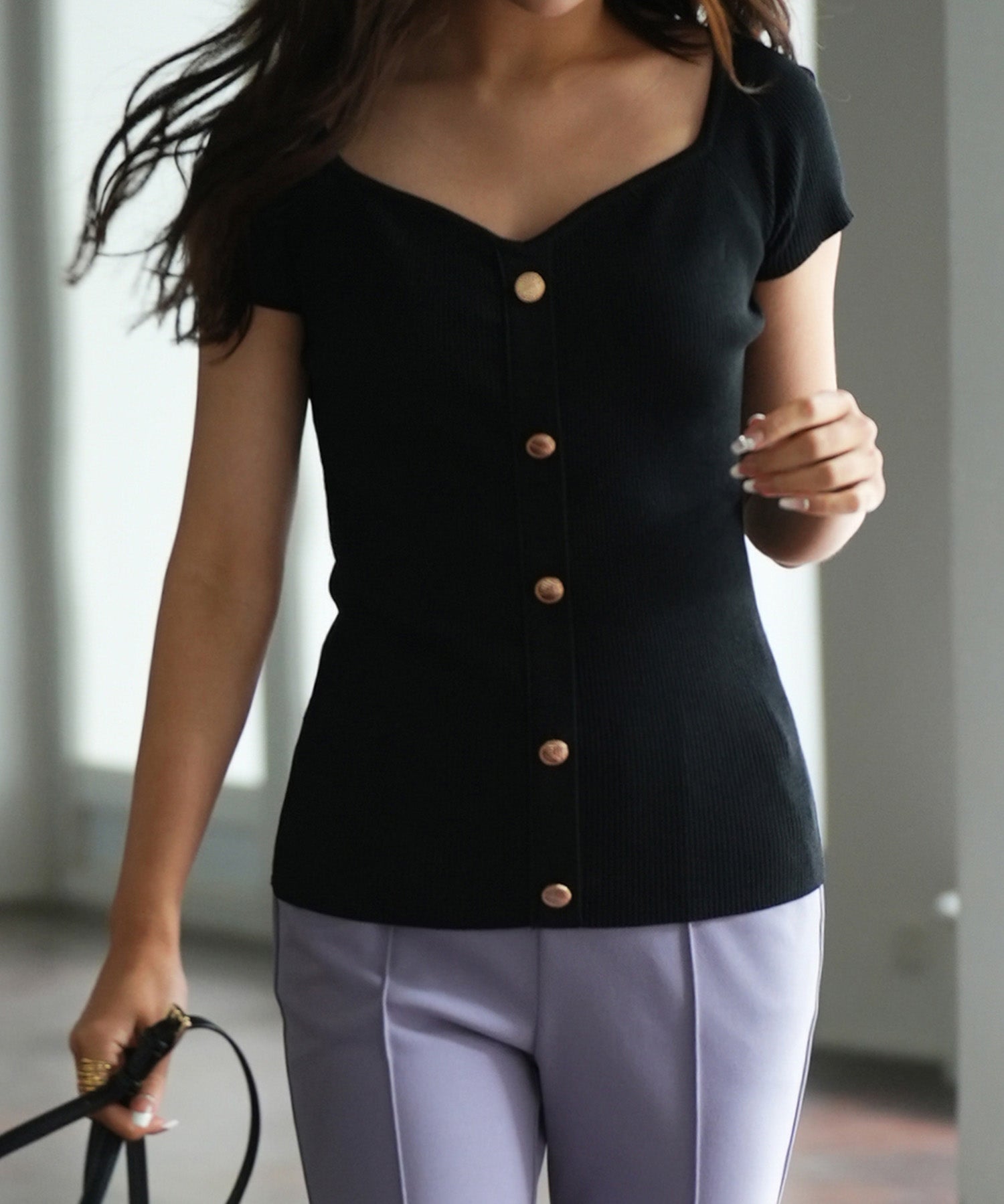 ダイヤモンドネックリブ編みサマーニットsdpxyf6127 ブラック