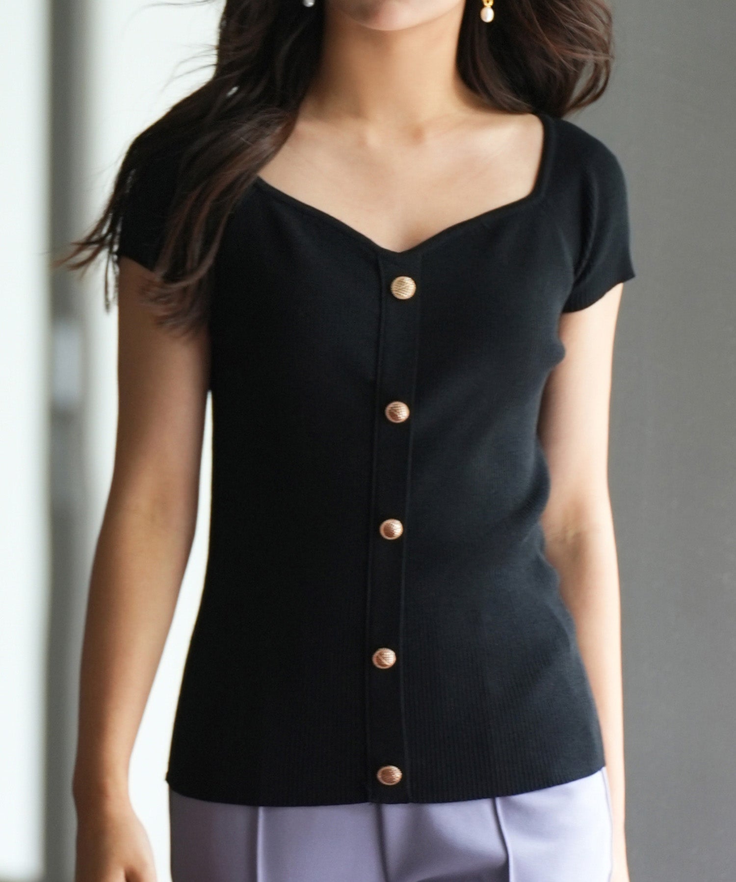 ダイヤモンドネックリブ編みサマーニットsdpxyf6127 ブラック