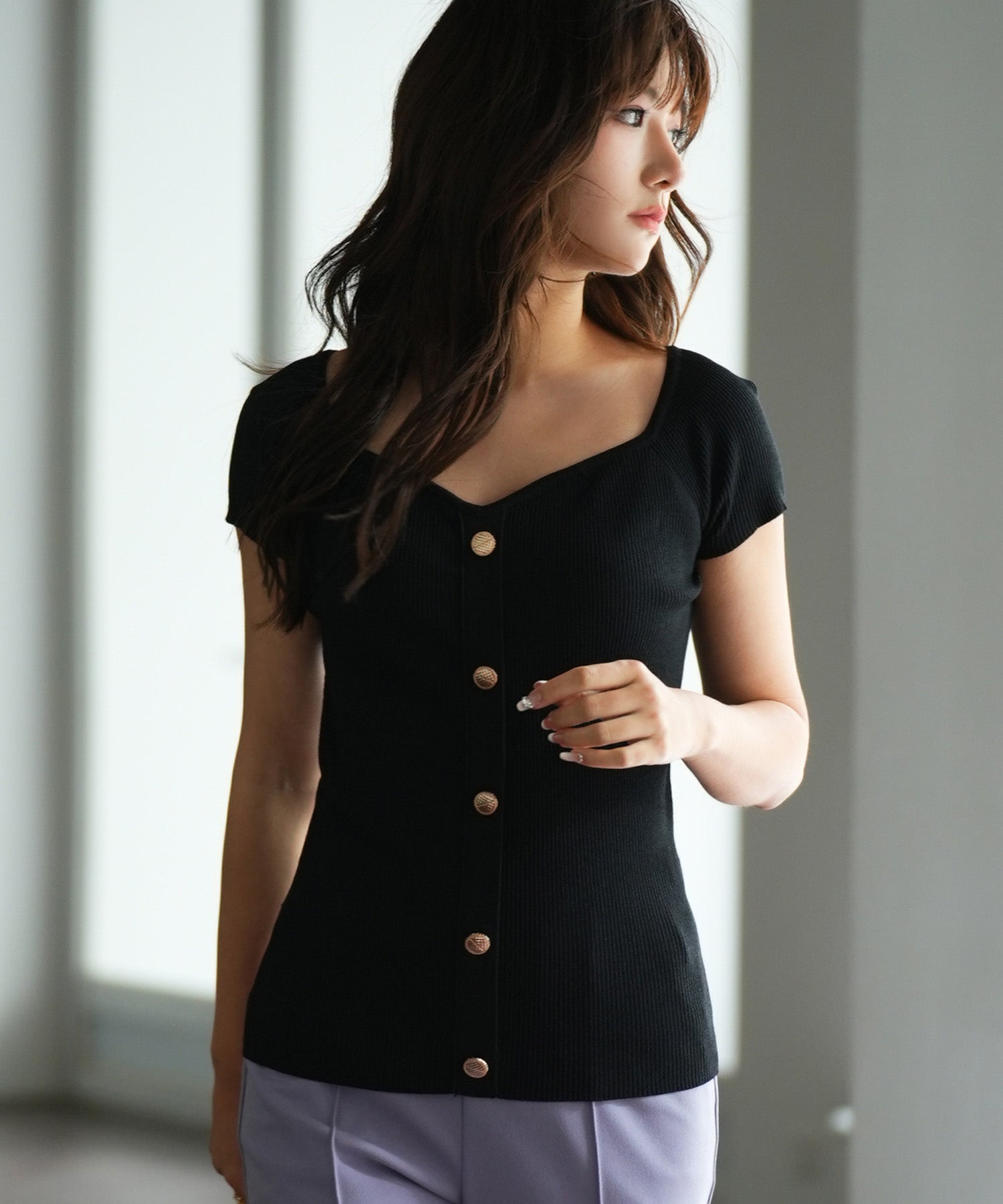 ダイヤモンドネックリブ編みサマーニットsdpxyf6127 ブラック