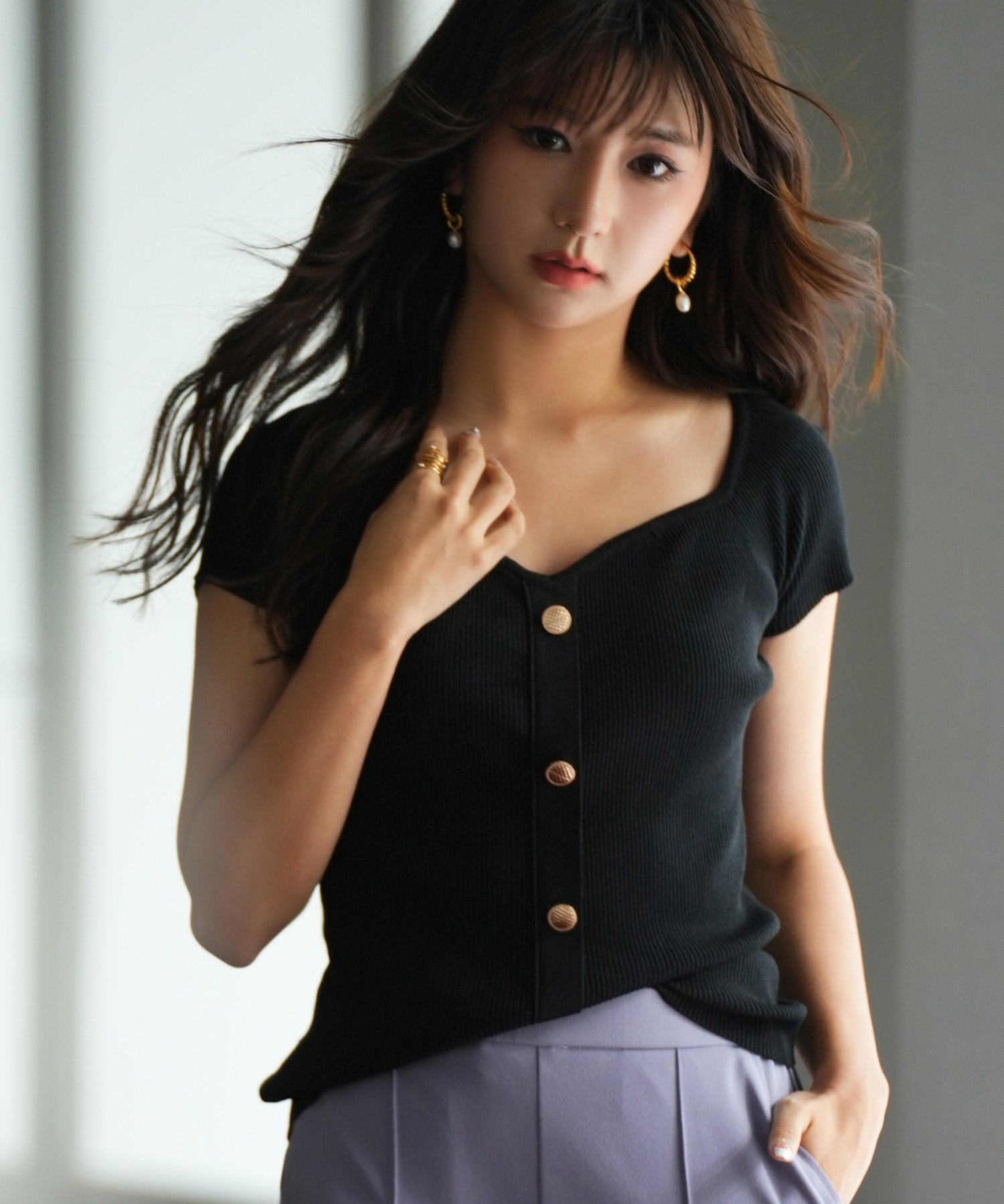 ダイヤモンドネックリブ編みサマーニットsdpxyf6127 ブラック