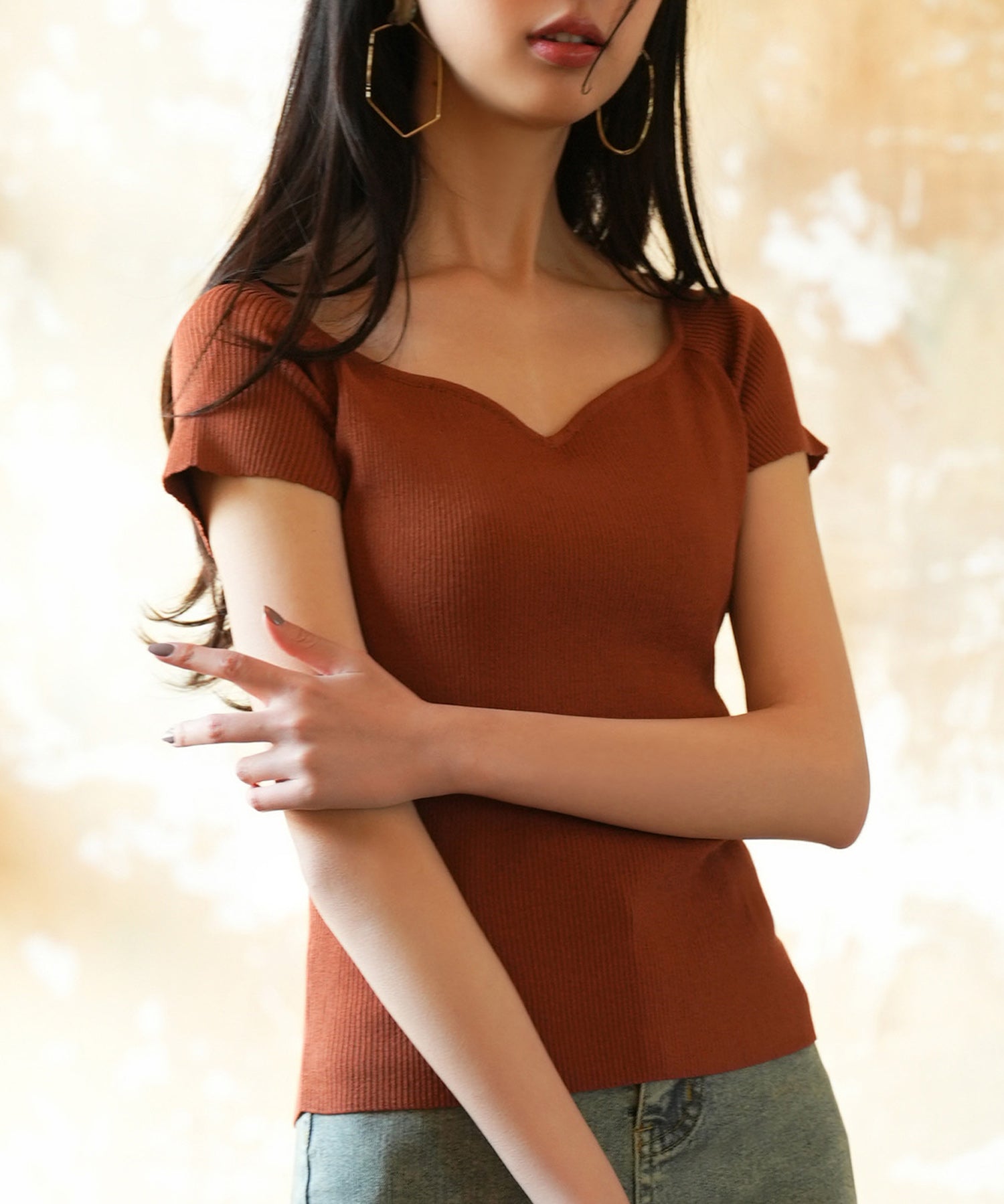 ダイヤモンドネックサマーニットsdpxyf6128 レンガ